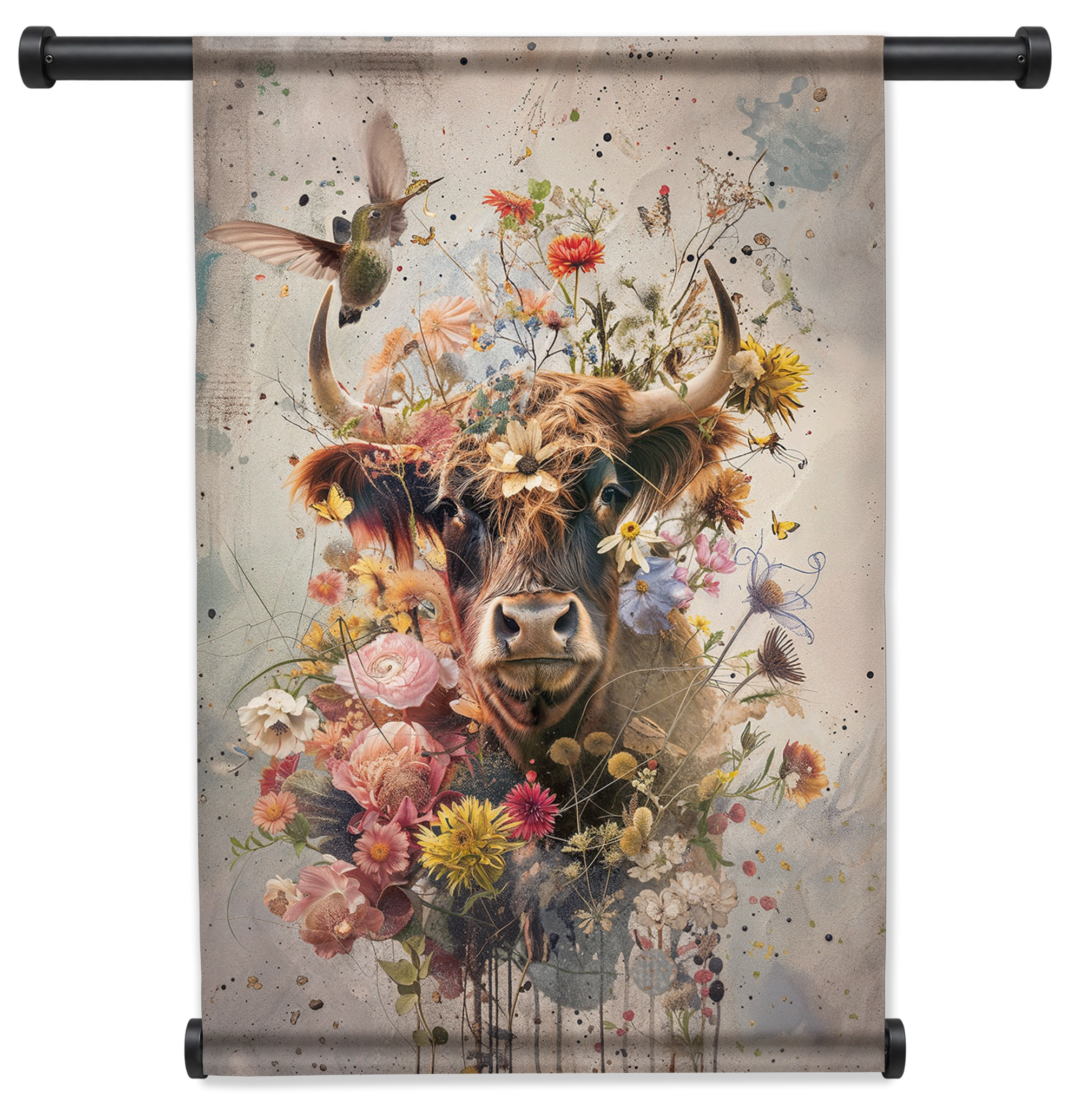 Bloemen Schotse hooglander wandkleed staand met zwarte roedes