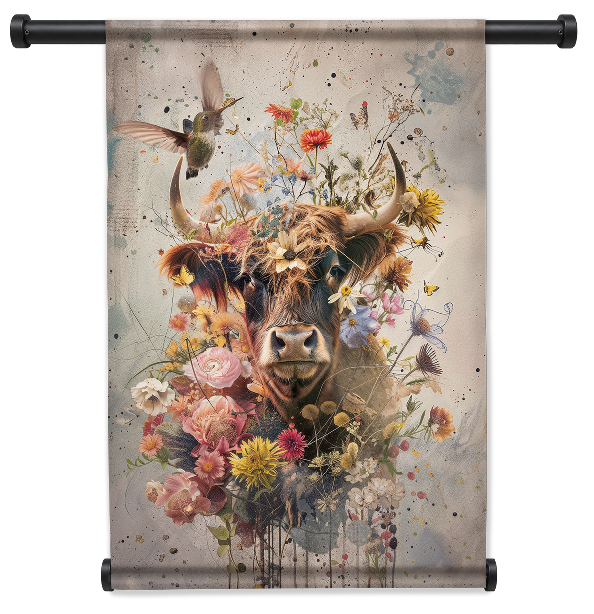Wandkleed Bloemen Schotse hooglander: Schotse hooglander tussen kleurrijke bloemen en vlinders.