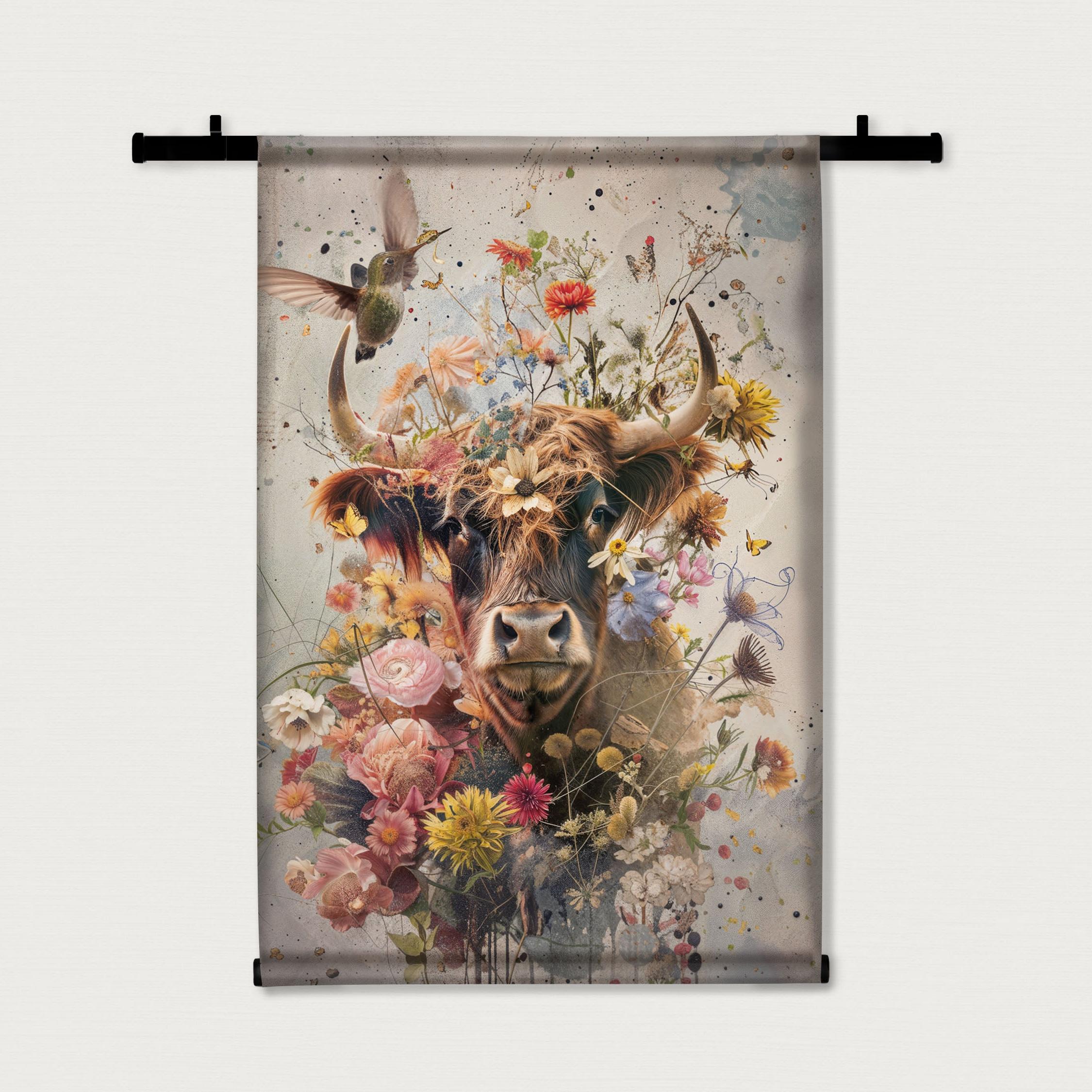 Bloemen Schotse hooglander | Wandkleed | Velours | 90x140 cm | Tweedekans-Wandkleed-House of Posters-House of Posters