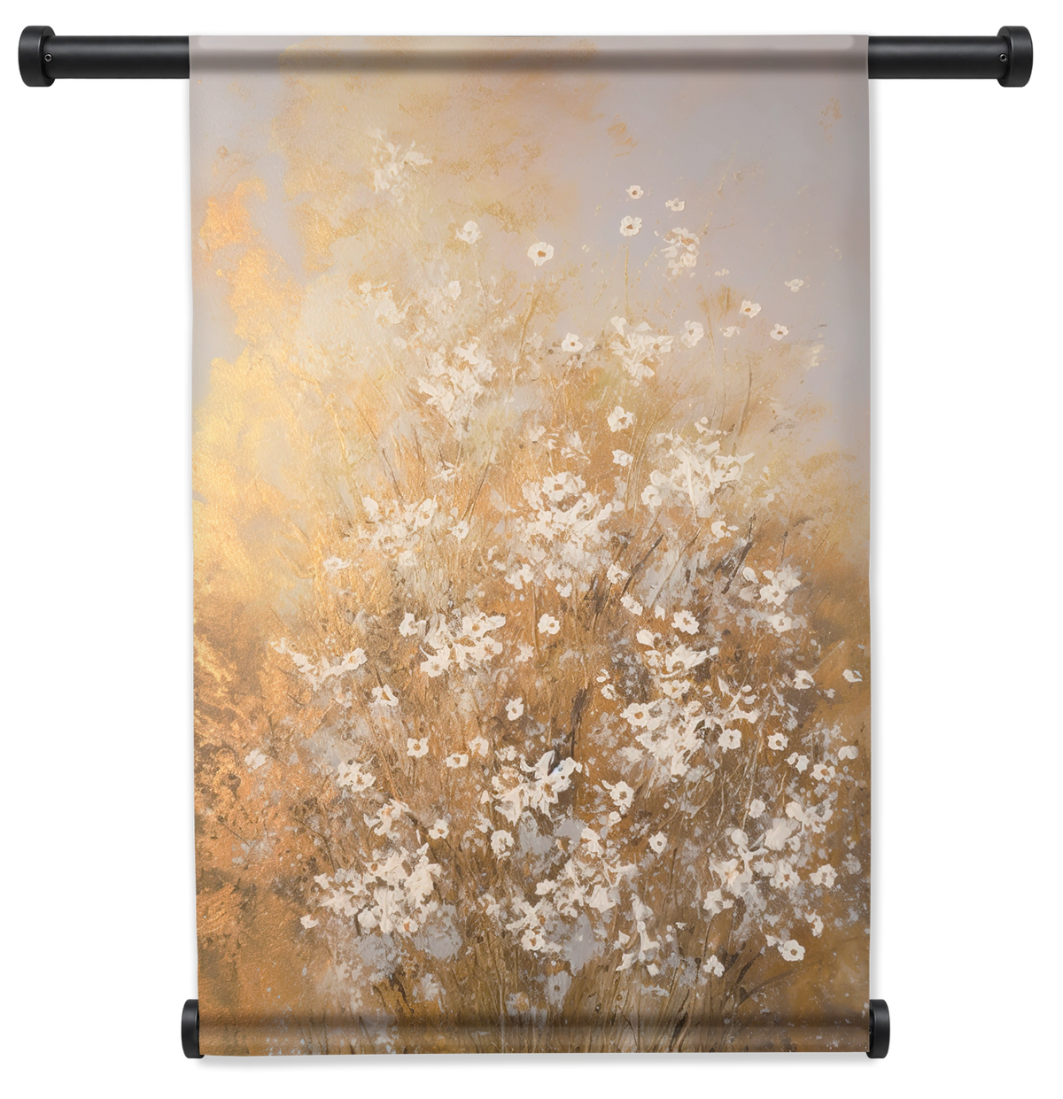 Wandkleed Bloemen spetters 2: kleine witte bloemen in een abstract beige en goudkleurig landschap.
