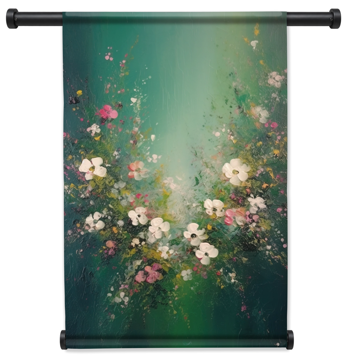 Wandkleed Bloemen spetters 3: bloemen en vlinders tegen een abstracte groene achtergrond.