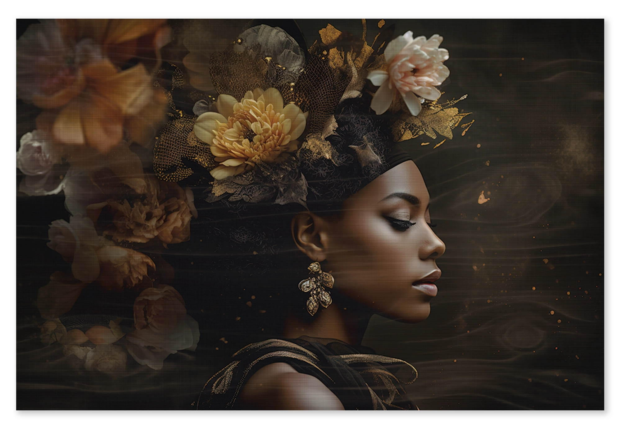 Houten wanddecoratie Bloemen Vrouw 3: vrouw in profiel met warme gele en bruine bloemen in het haar.