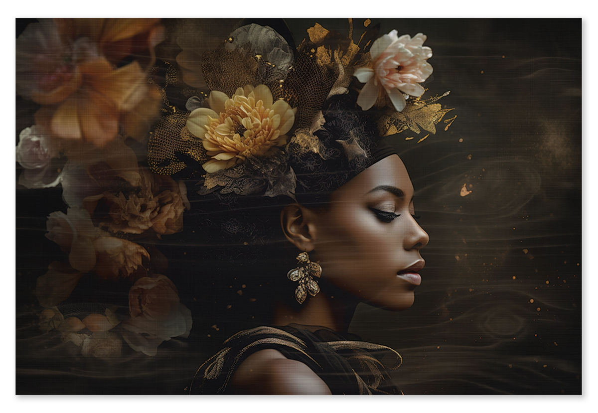 Houten wanddecoratie Bloemen Vrouw 3: vrouw in profiel met warme gele en bruine bloemen in het haar.