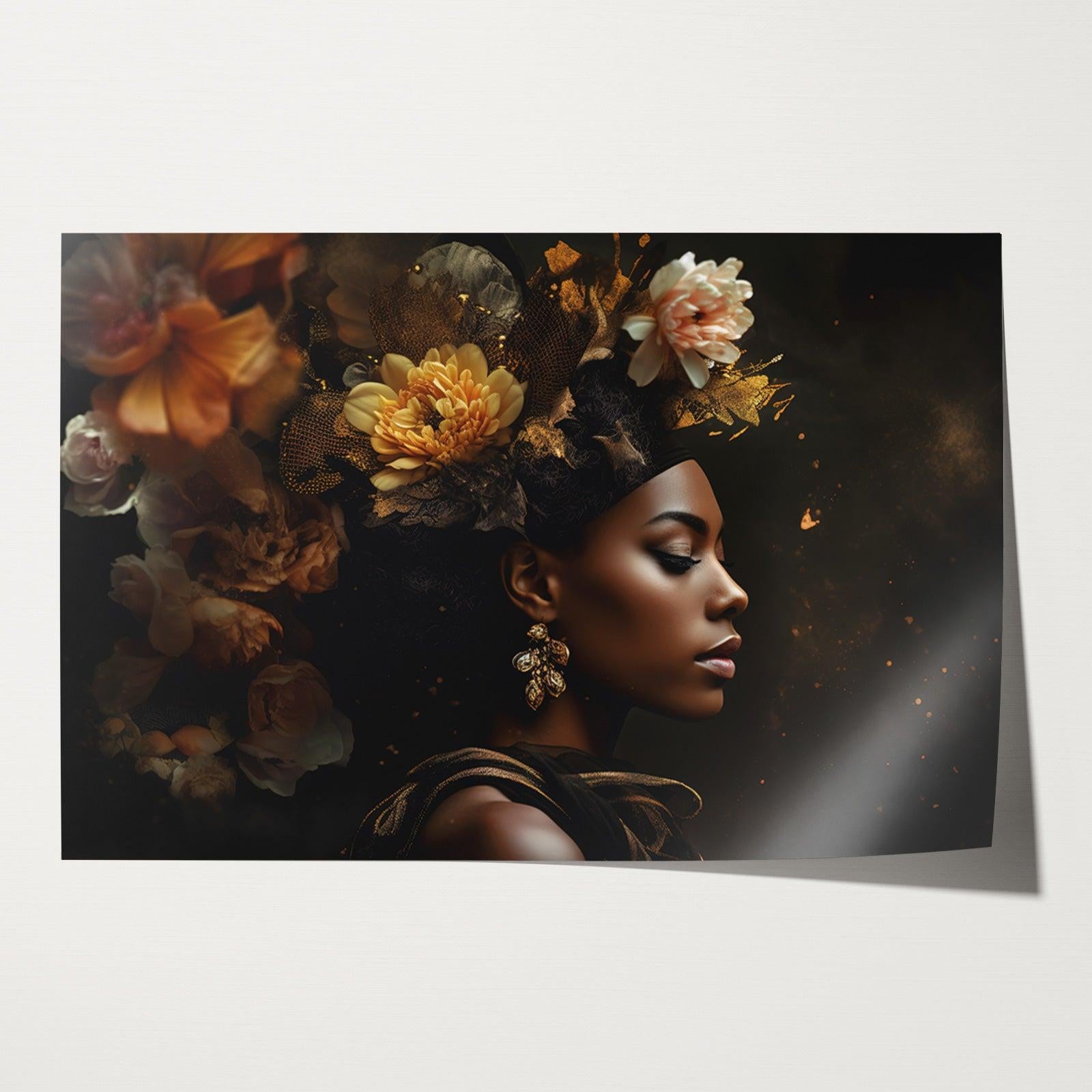 Papieren poster Bloemen Vrouw 3: vrouw in profiel met warme gele en bruine bloemen in het haar.