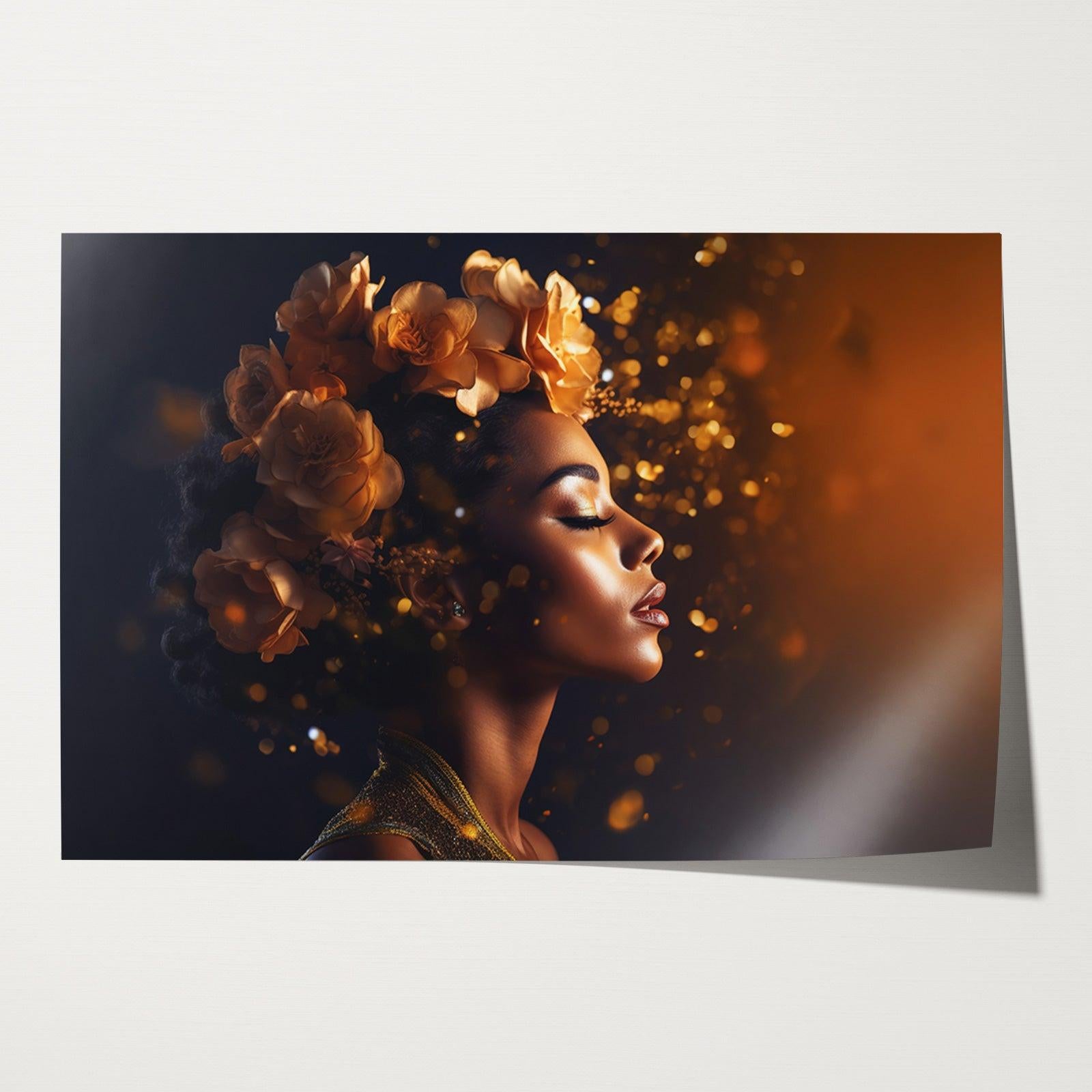 Papieren poster Bloemen Vrouw 4: vrouw in profiel met bloemen in goudbruine tinten.
