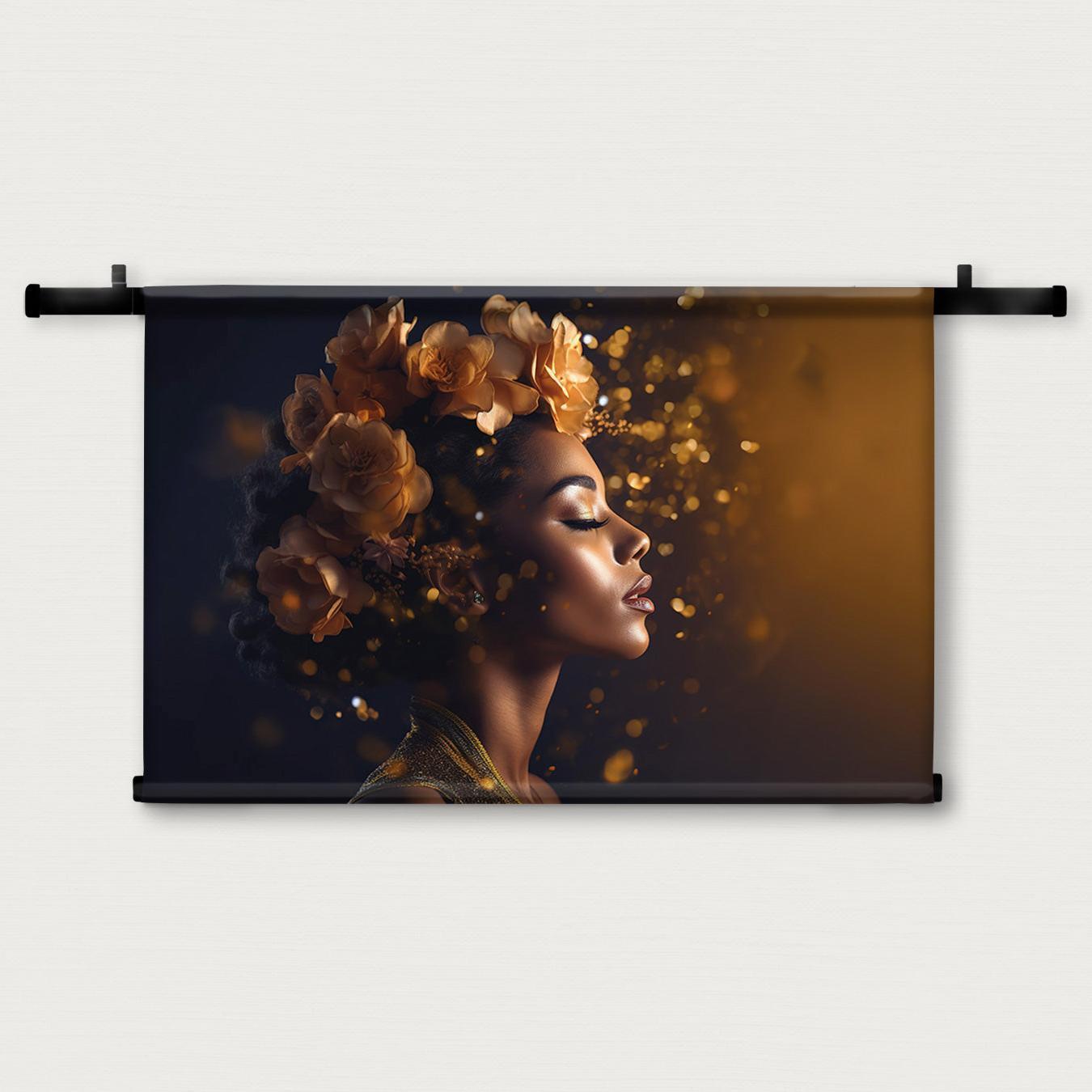 Wandkleed Bloemen Vrouw 4: vrouw in profiel met bloemen in goudbruine tinten.