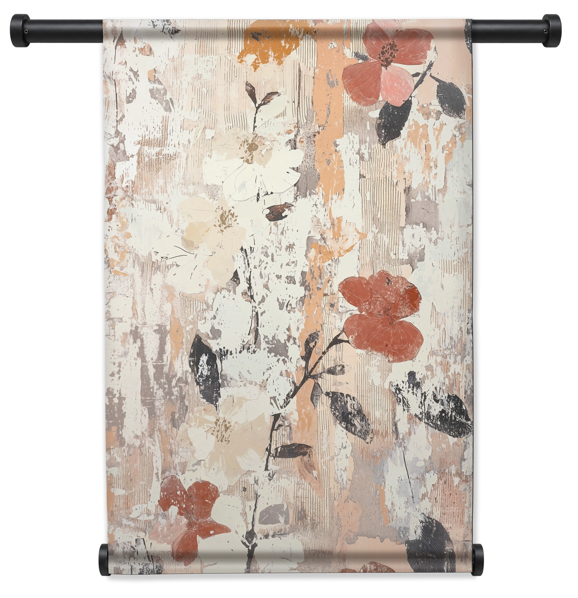Wandkleed Blomma: abstracte bloemen en bladeren in beige, roestbruin en zwart.