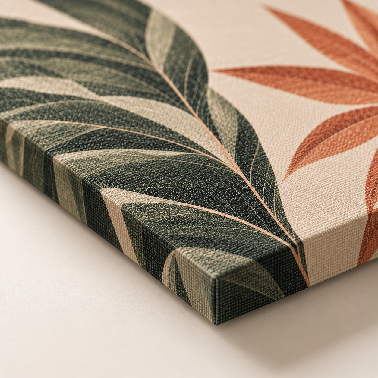 Close-up van canvas wanddecoratie met zichtbare canvasstructuur en meegeprinte zijkanten