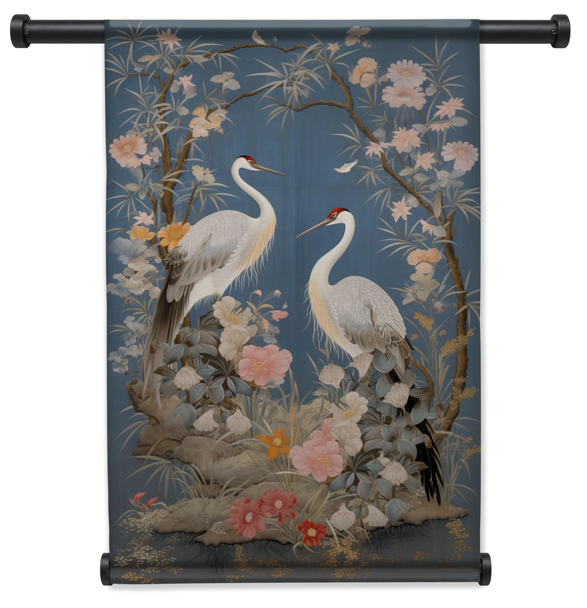 Wandkleed Crane Vogels: twee witte kraanvogels tussen bloemen op een blauwe achtergrond.