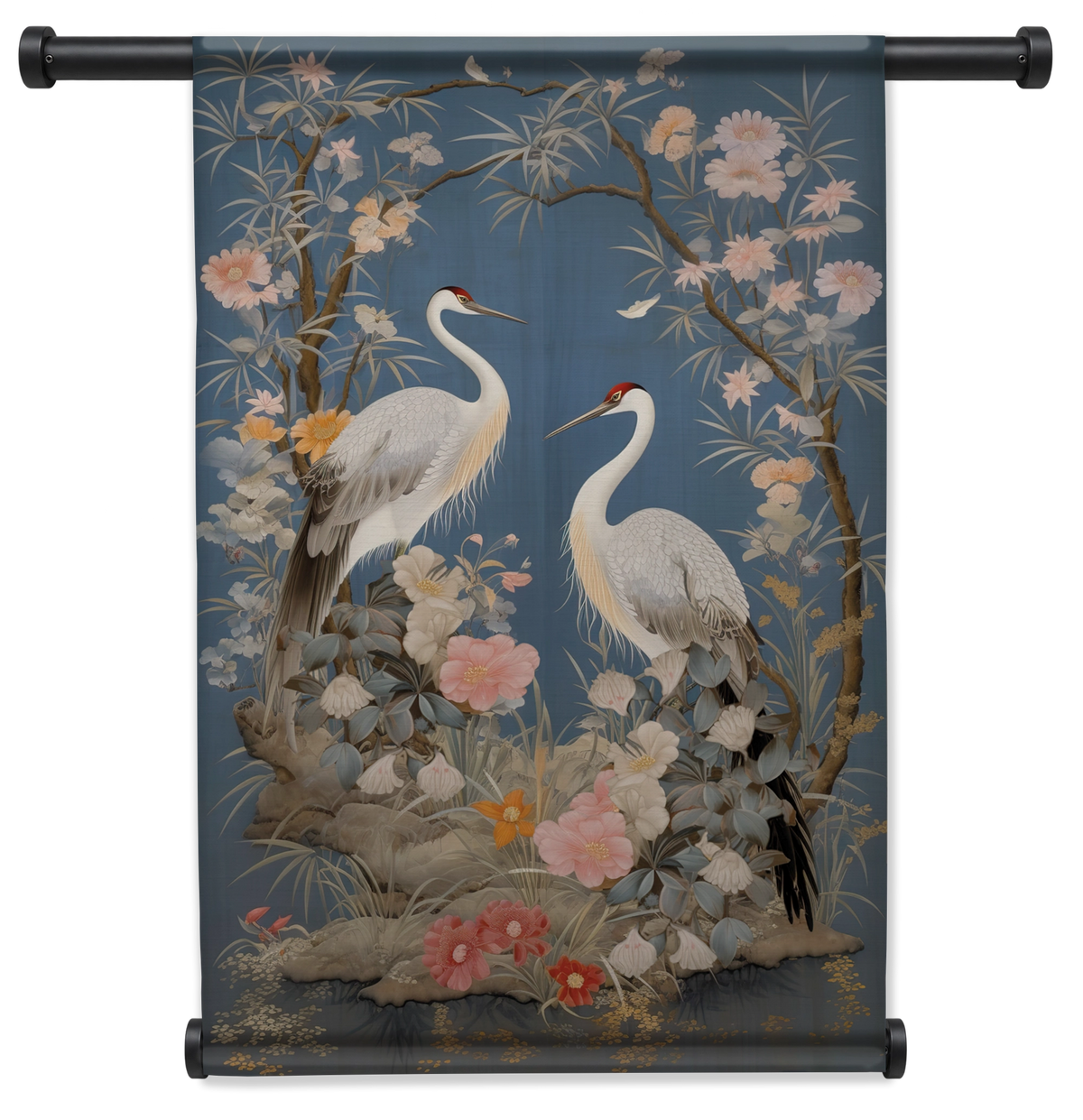 Wandkleed Crane Vogels: twee witte kraanvogels tussen bloemen op een blauwe achtergrond.