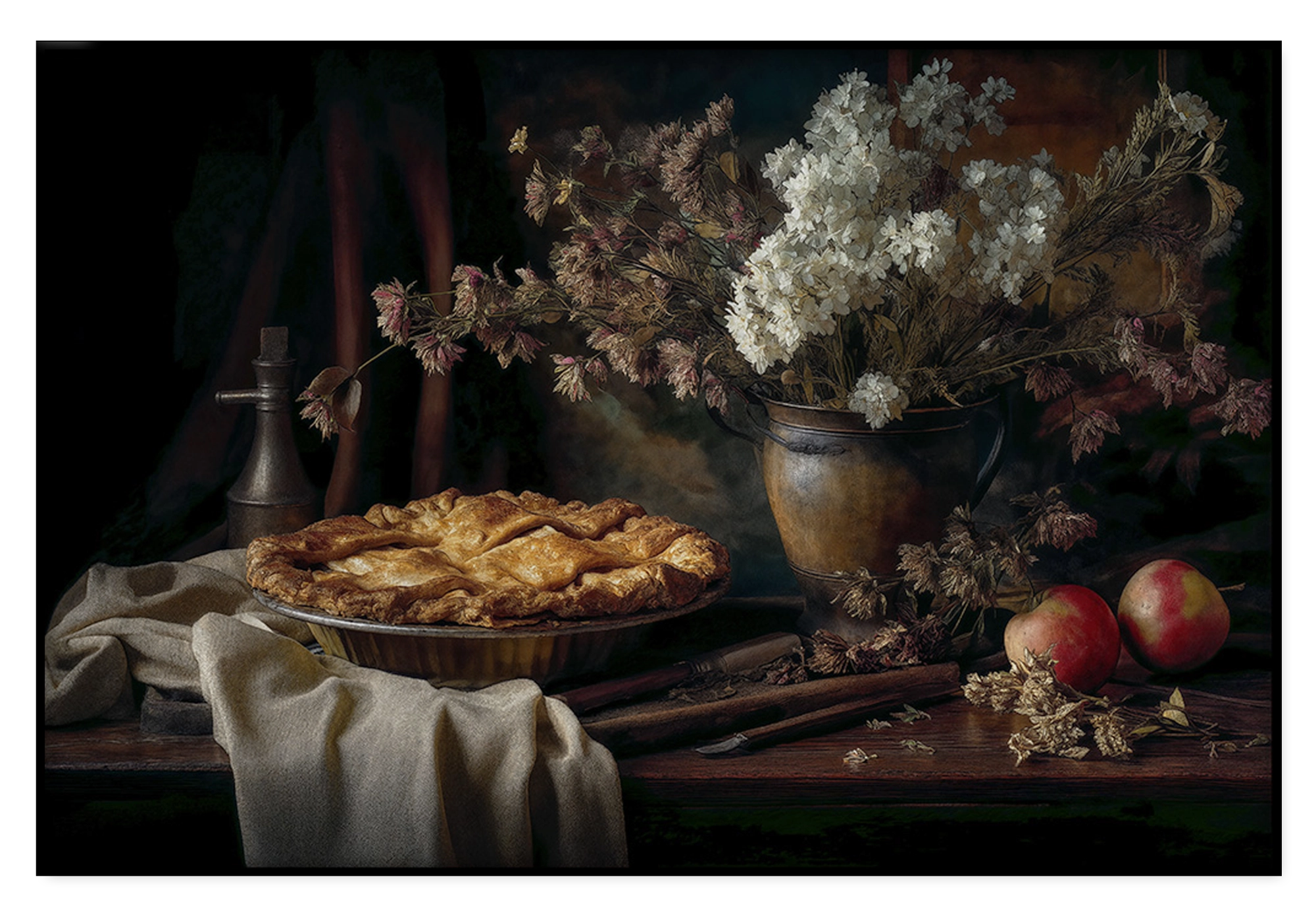 Artframe De appeltaart: appeltaart met appels en een vaas bloemen op een houten tafel.