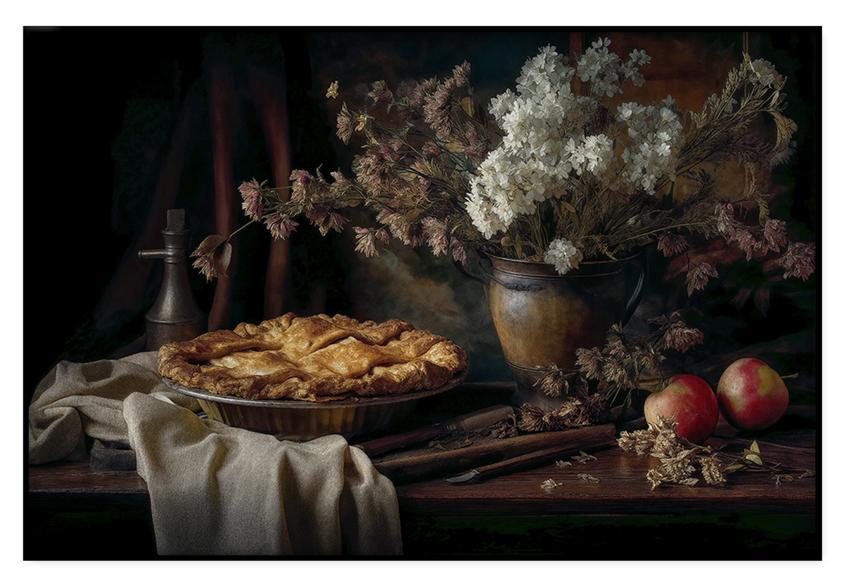 Artframe De appeltaart: appeltaart met appels en een vaas bloemen op een houten tafel.