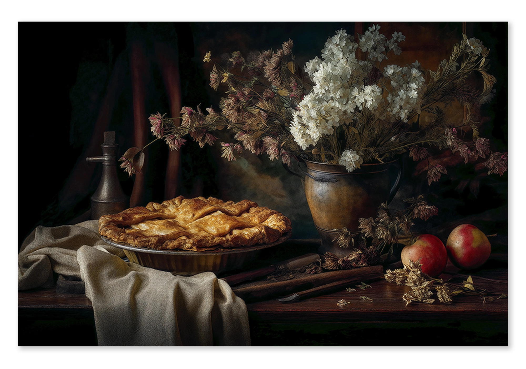 Canvas schilderij De appeltaart: appeltaart met appels en een vaas bloemen op een houten tafel.