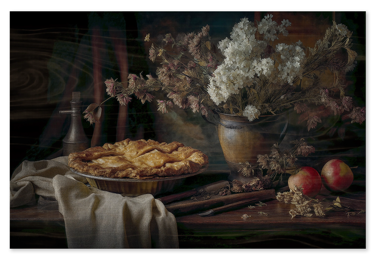 Houten wanddecoratie De appeltaart: appeltaart met appels en een vaas bloemen op een houten tafel.