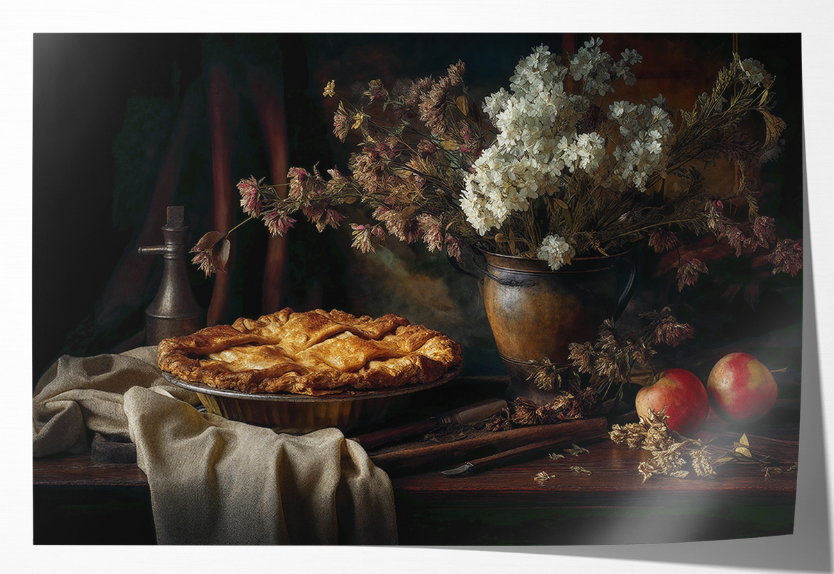 Papieren poster De appeltaart: appeltaart met appels en een vaas bloemen op een houten tafel.