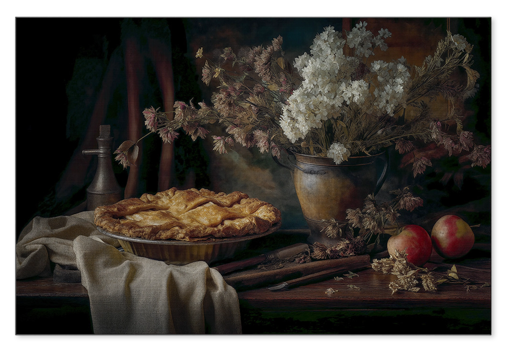 Aluminium Dibond schilderij De appeltaart: appeltaart met appels en een vaas bloemen op een houten tafel.