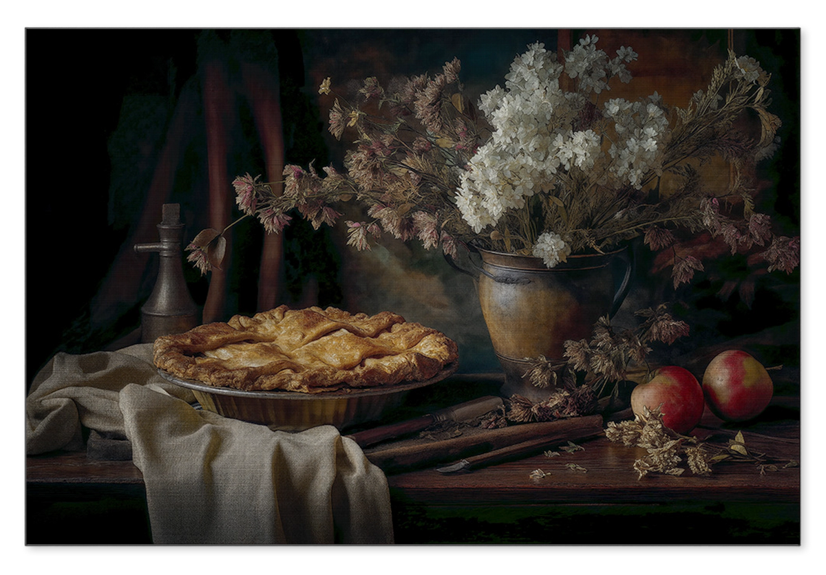 Aluminium Dibond schilderij De appeltaart: appeltaart met appels en een vaas bloemen op een houten tafel.