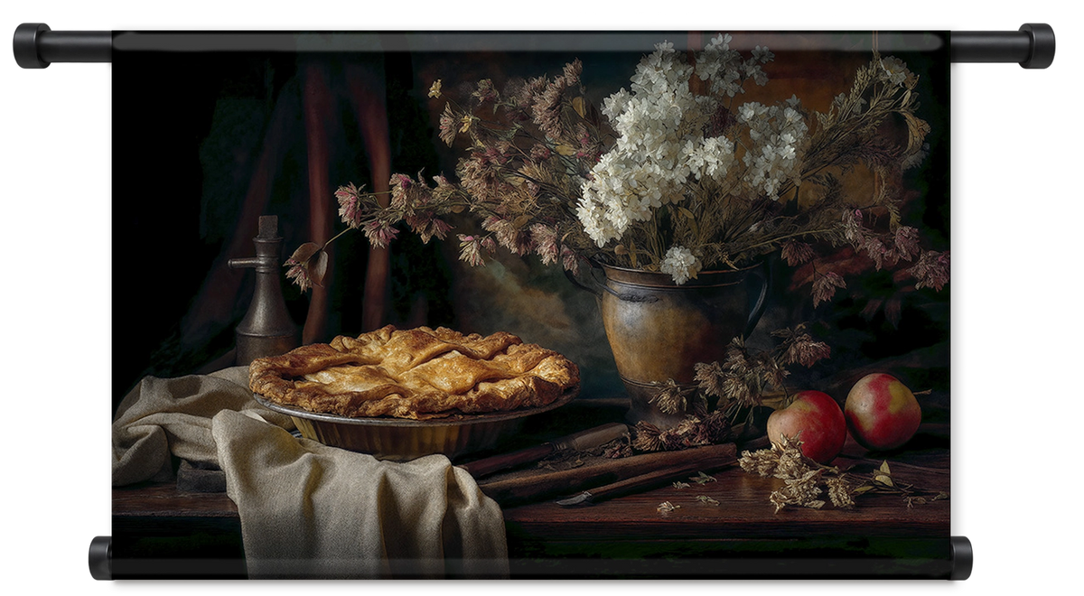 Wandkleed De appeltaart: appeltaart met appels en een vaas bloemen op een houten tafel.