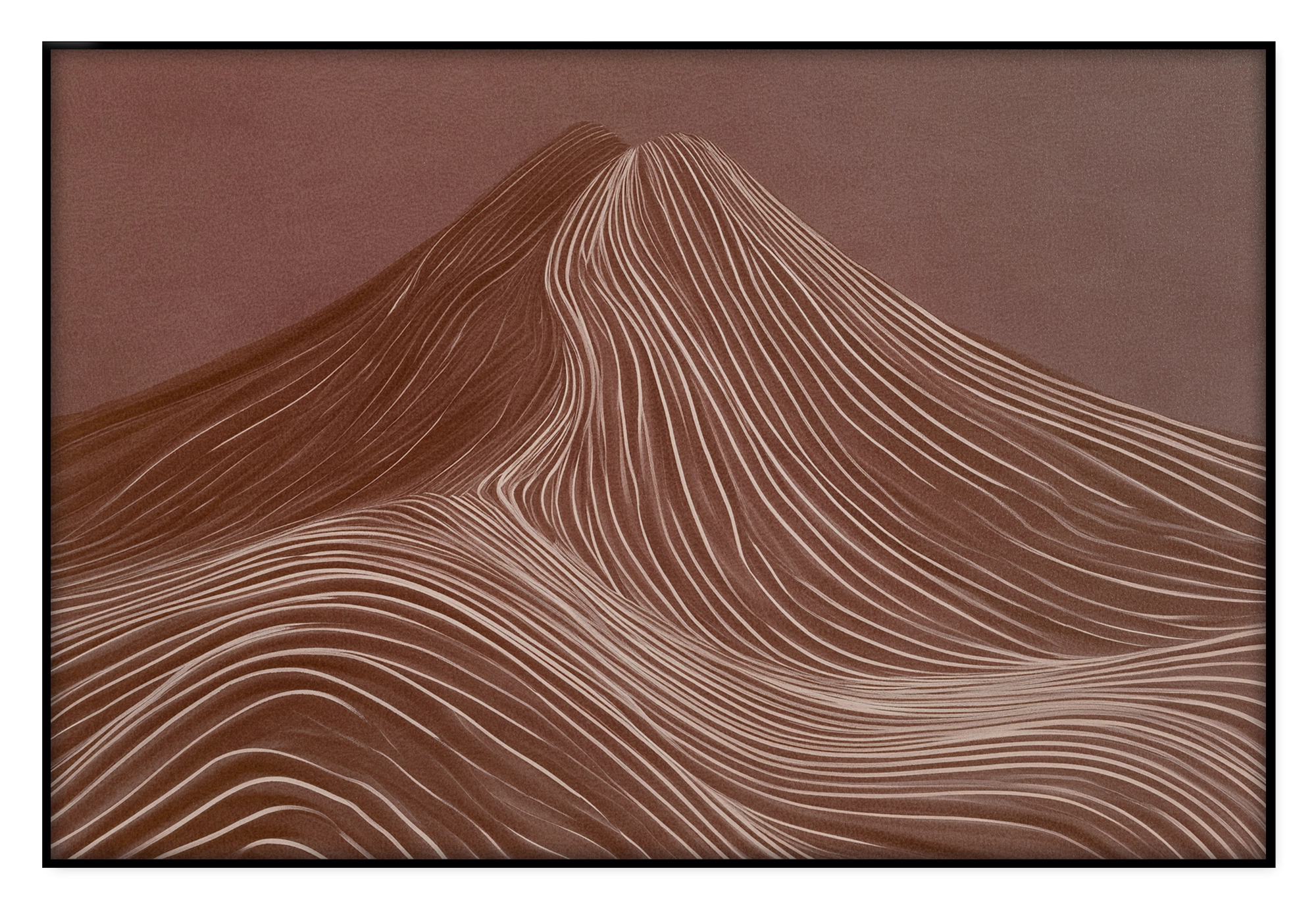 Akoestisch paneel De rode berg: abstracte rode berg met fijne golvende lijnen.