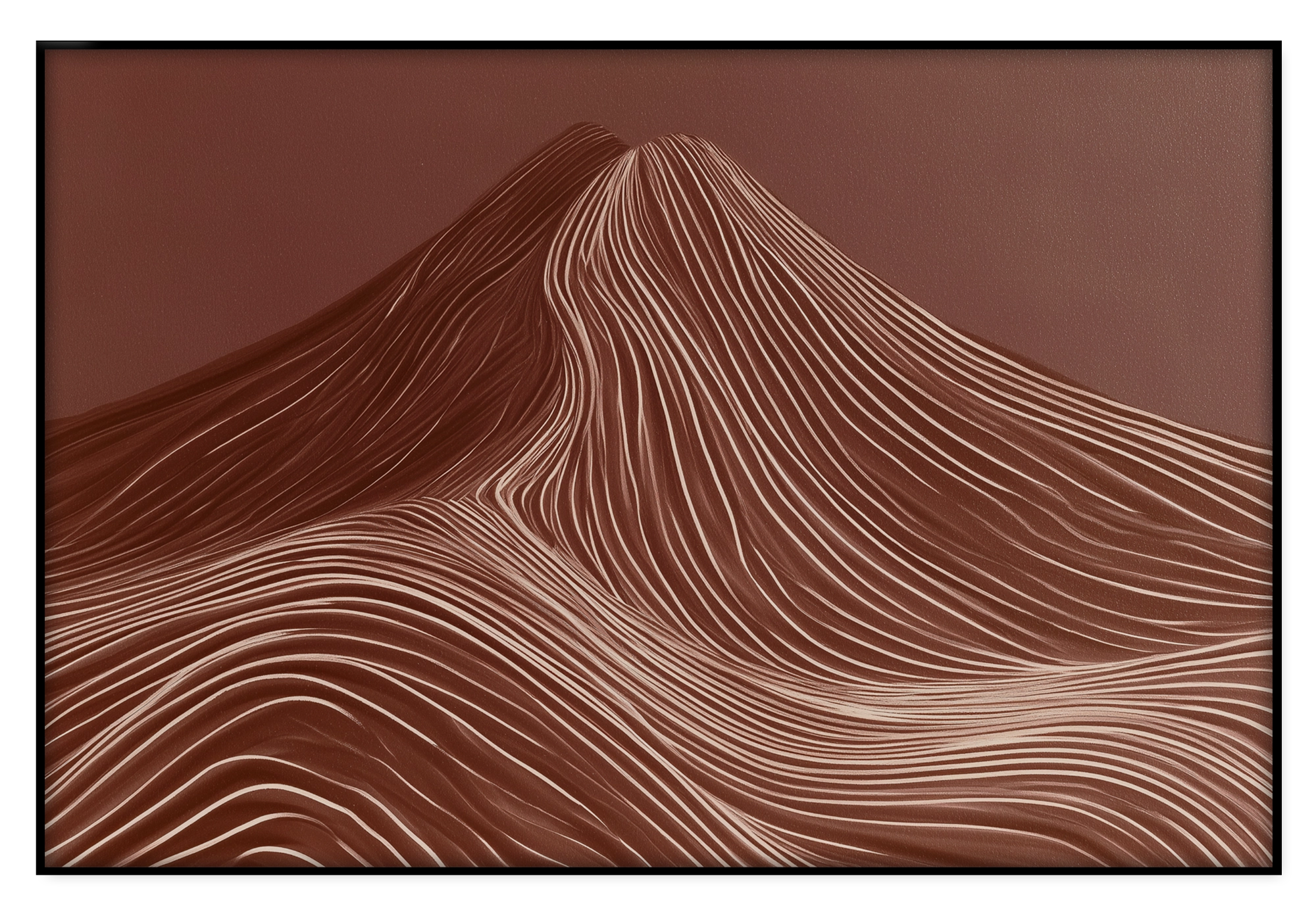 Artframe De rode berg: abstracte rode berg met fijne golvende lijnen.