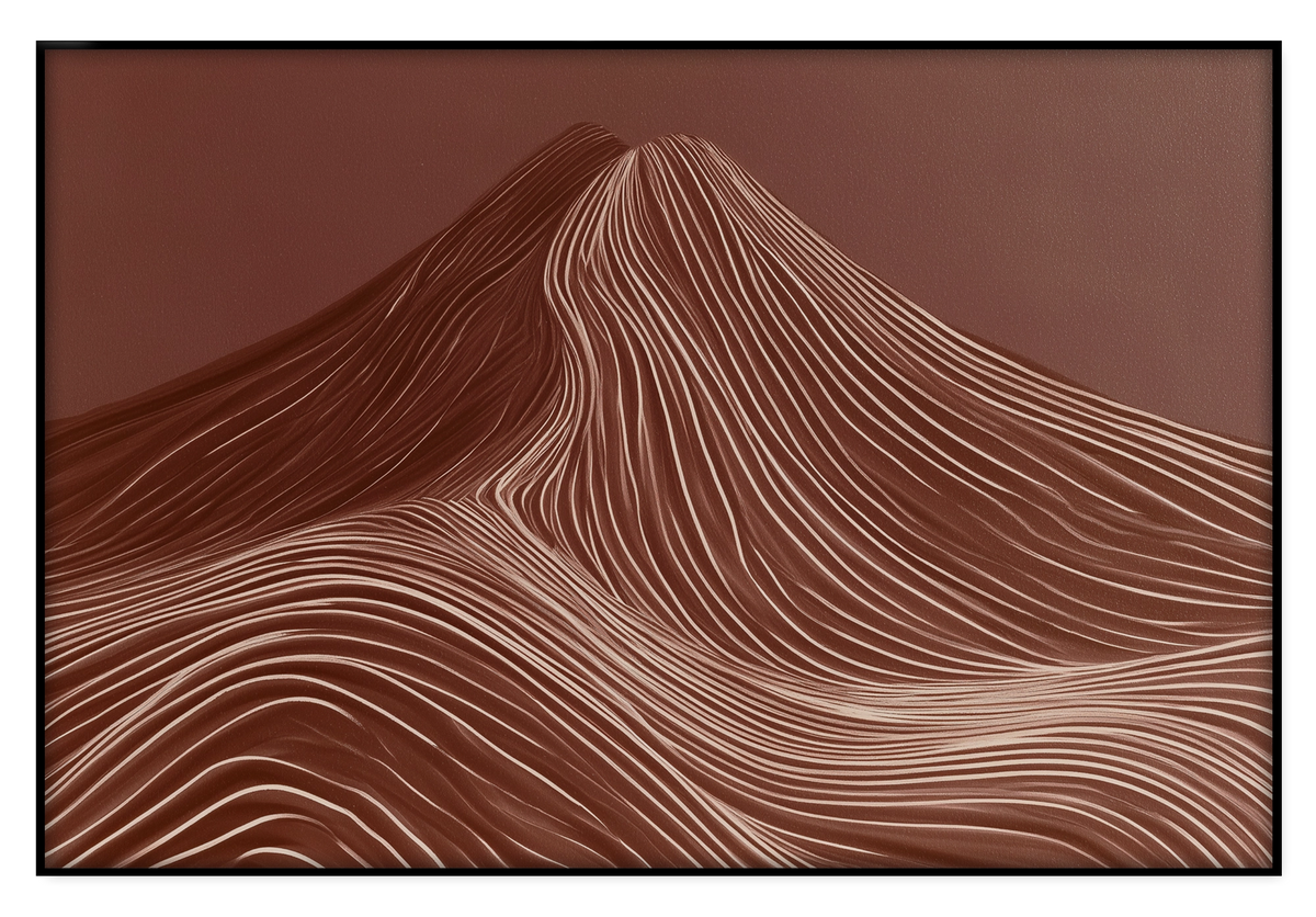Artframe De rode berg: abstracte rode berg met fijne golvende lijnen.