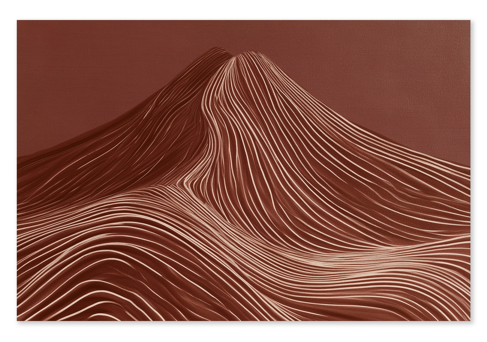 Canvas schilderij De rode berg: abstracte rode berg met fijne golvende lijnen.