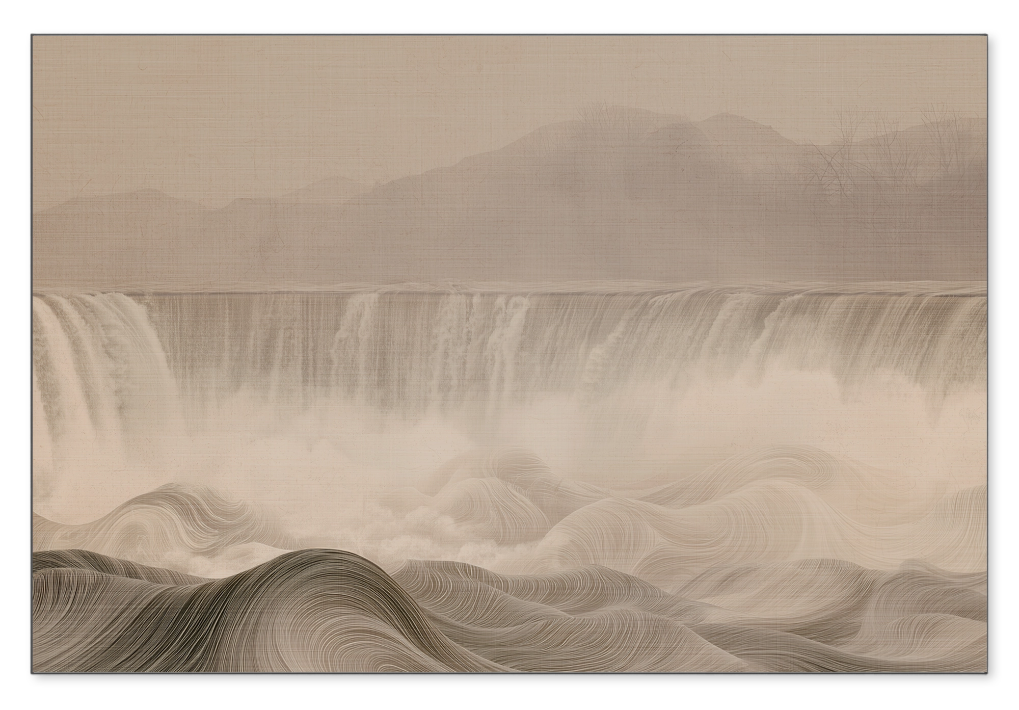 Aluminium Dibond schilderij De waterval: brede waterval en golvend landschap in zachte beige tinten.