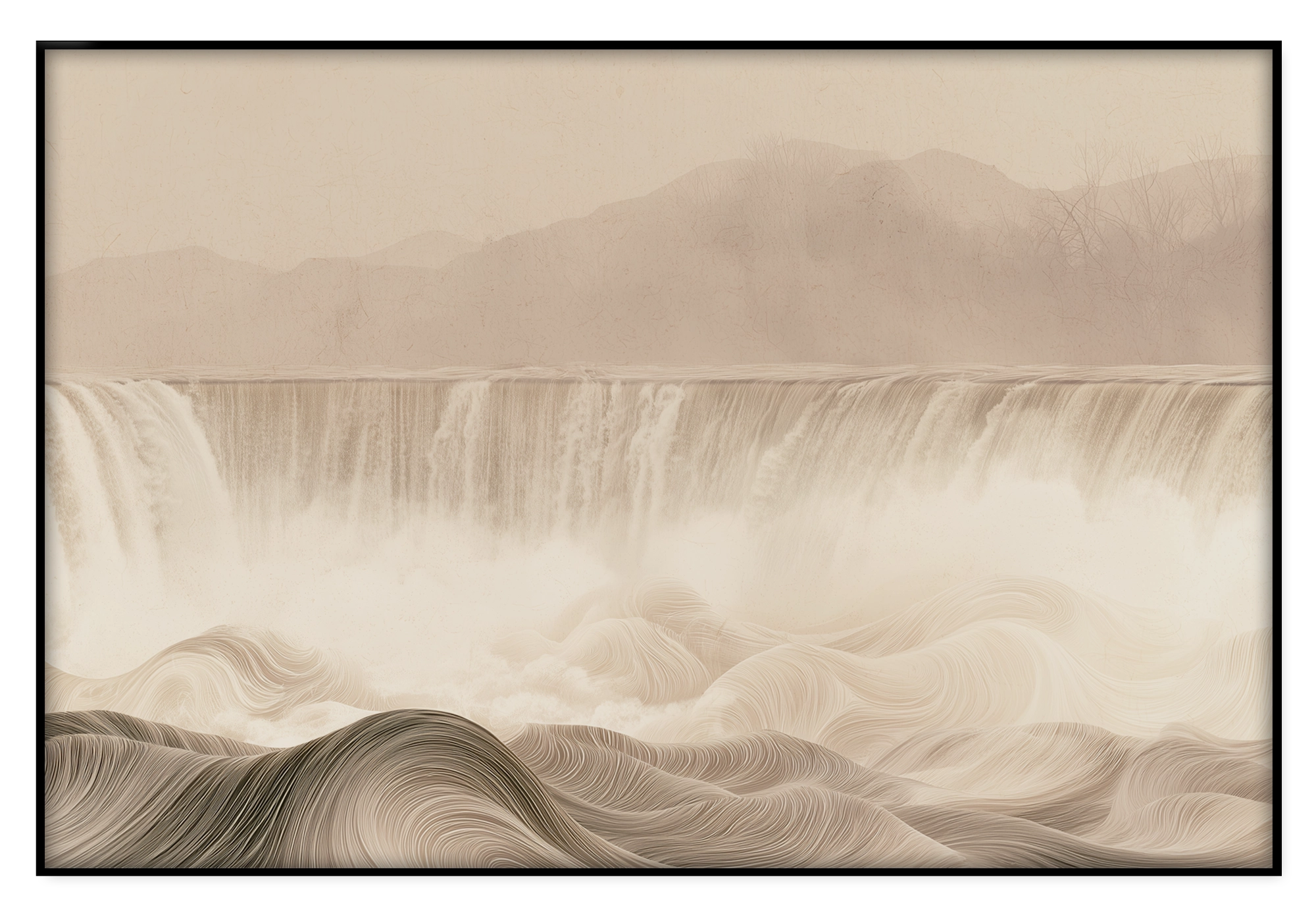 Artframe De waterval: brede waterval en golvend landschap in zachte beige tinten.