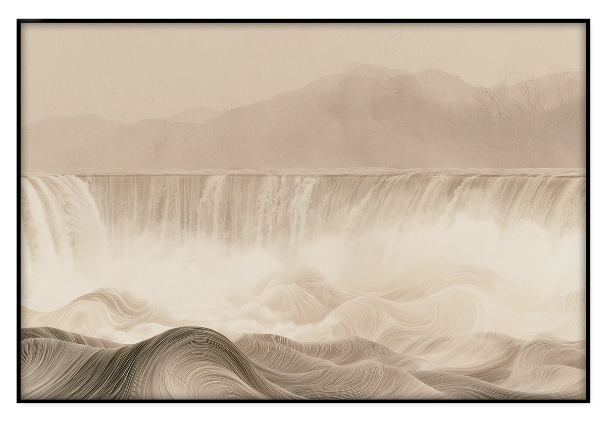 Artframe De waterval: brede waterval en golvend landschap in zachte beige tinten.