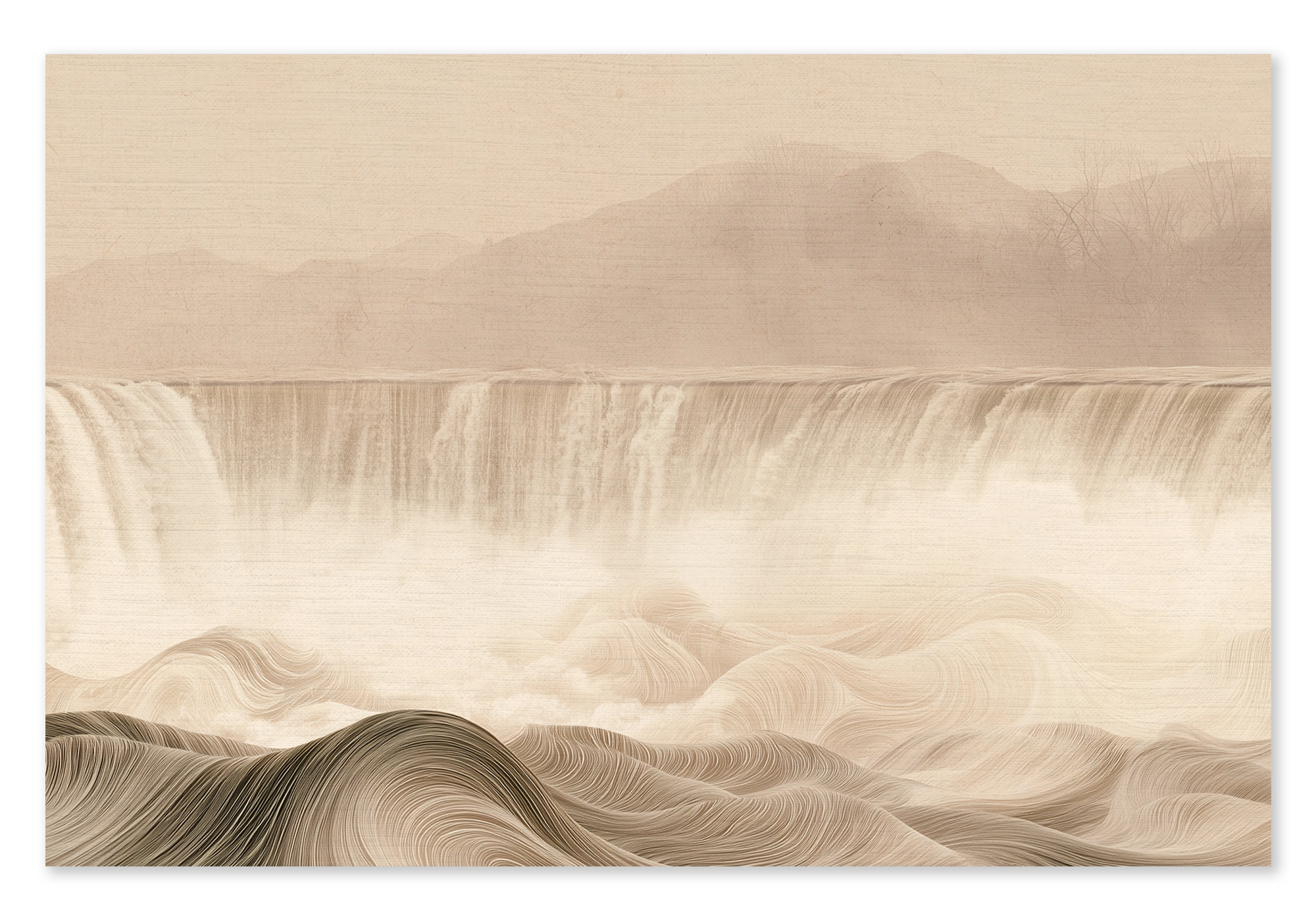 Canvas schilderij De waterval: brede waterval en golvend landschap in zachte beige tinten.