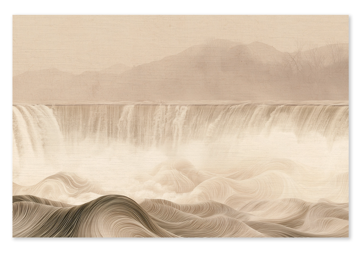 Canvas schilderij De waterval: brede waterval en golvend landschap in zachte beige tinten.