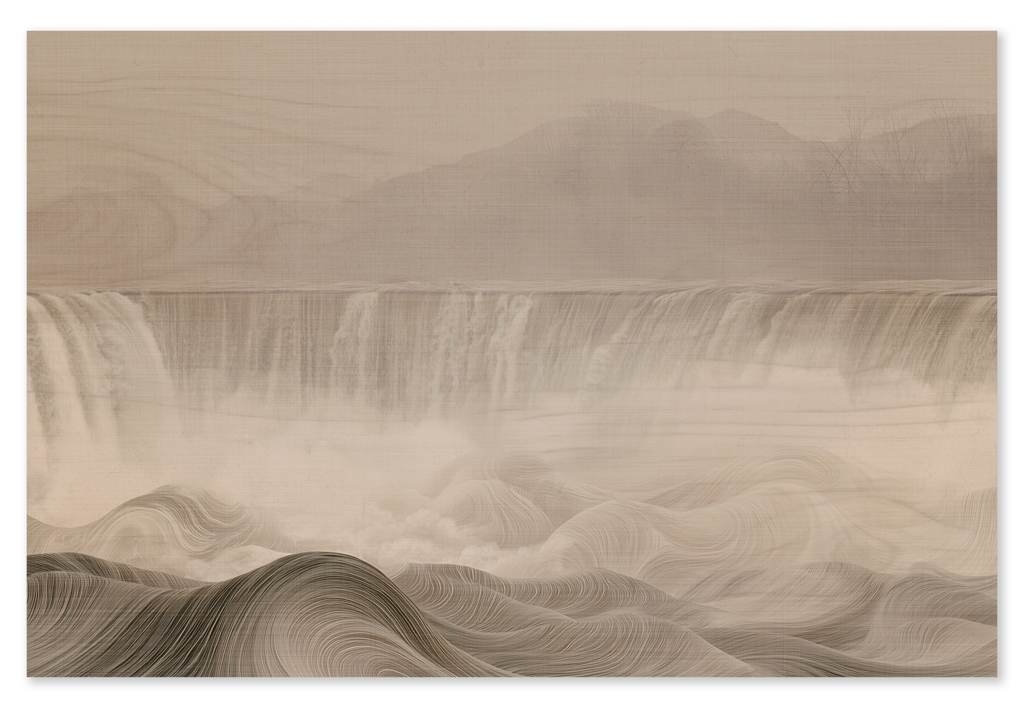 Houten wanddecoratie De waterval: brede waterval en golvend landschap in zachte beige tinten.