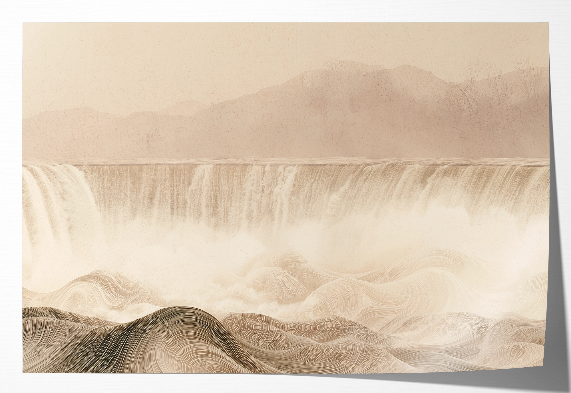 Papieren poster De waterval: brede waterval en golvend landschap in zachte beige tinten.