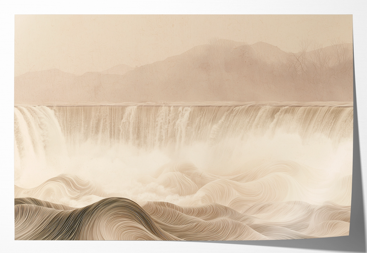 Papieren poster De waterval: brede waterval en golvend landschap in zachte beige tinten.