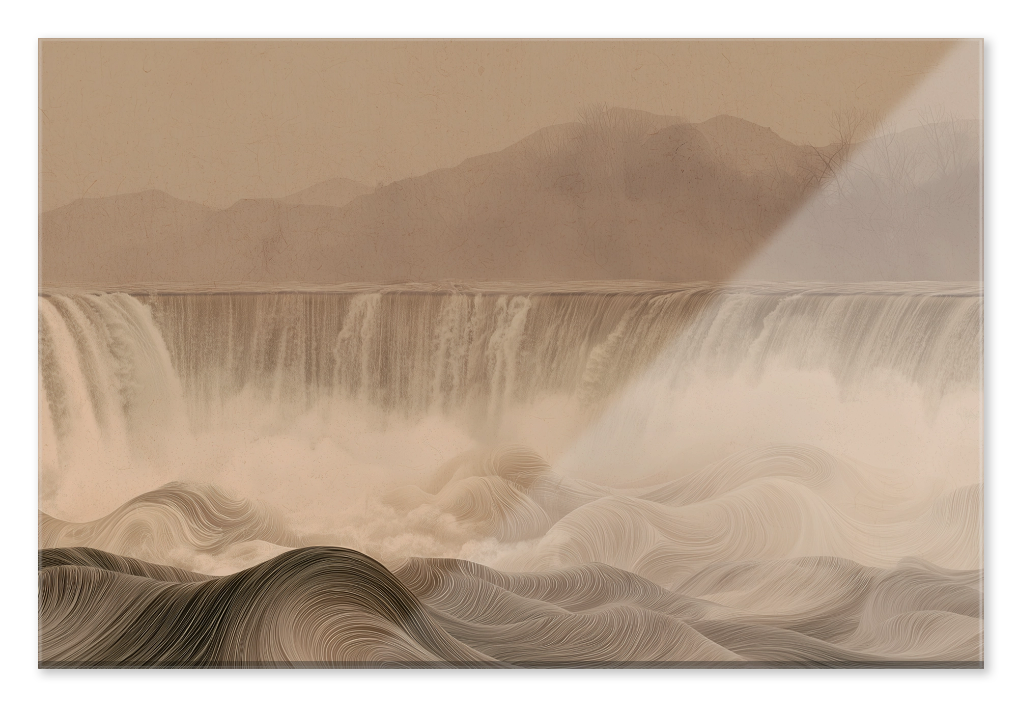 Plexiglas schilderij De waterval: brede waterval en golvend landschap in zachte beige tinten.
