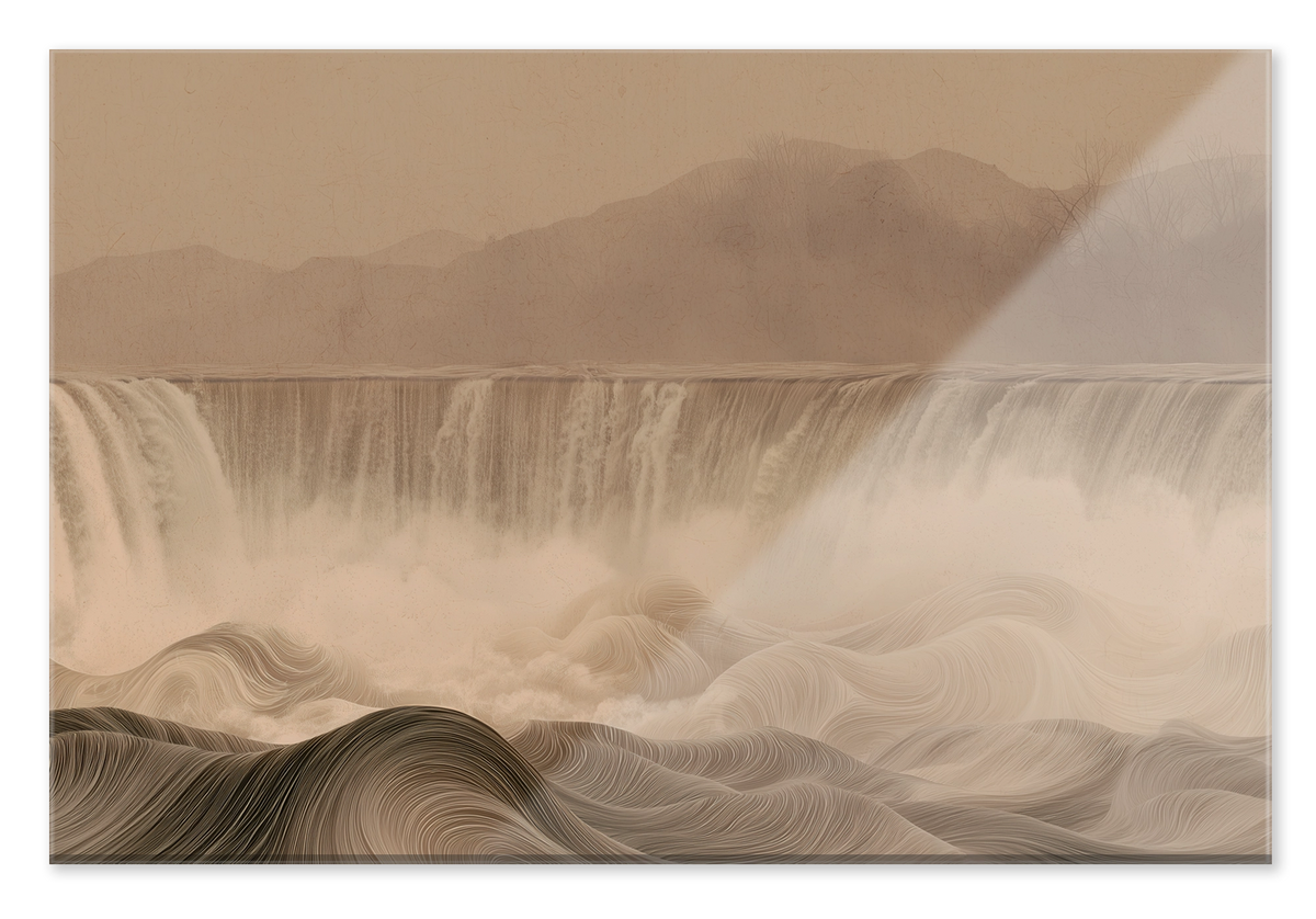 Plexiglas schilderij De waterval: brede waterval en golvend landschap in zachte beige tinten.