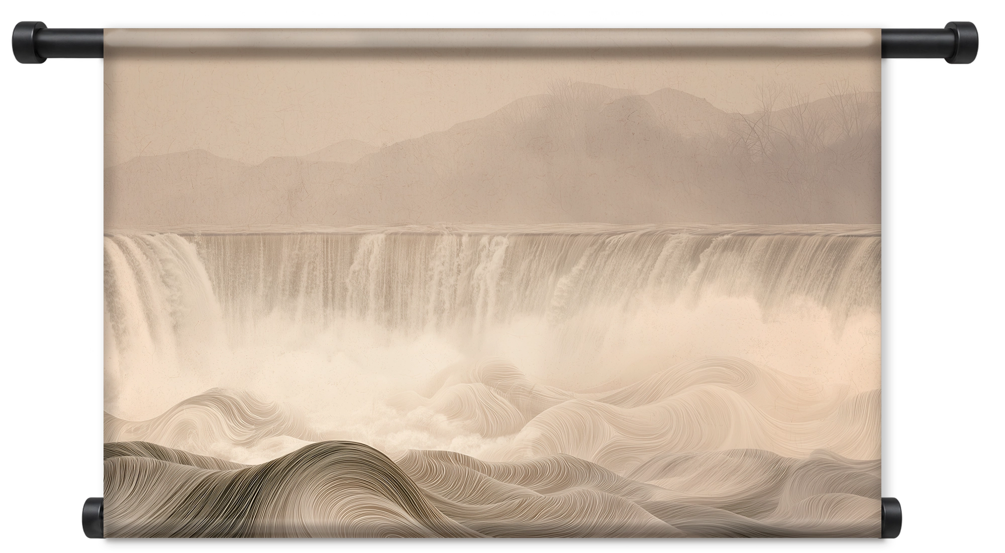 Wandkleed De waterval: brede waterval en golvend landschap in zachte beige tinten.