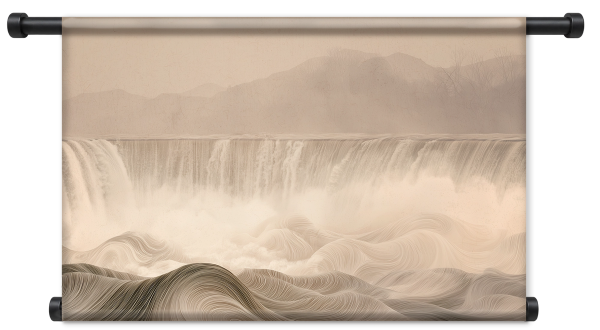 Wandkleed De waterval: brede waterval en golvend landschap in zachte beige tinten.
