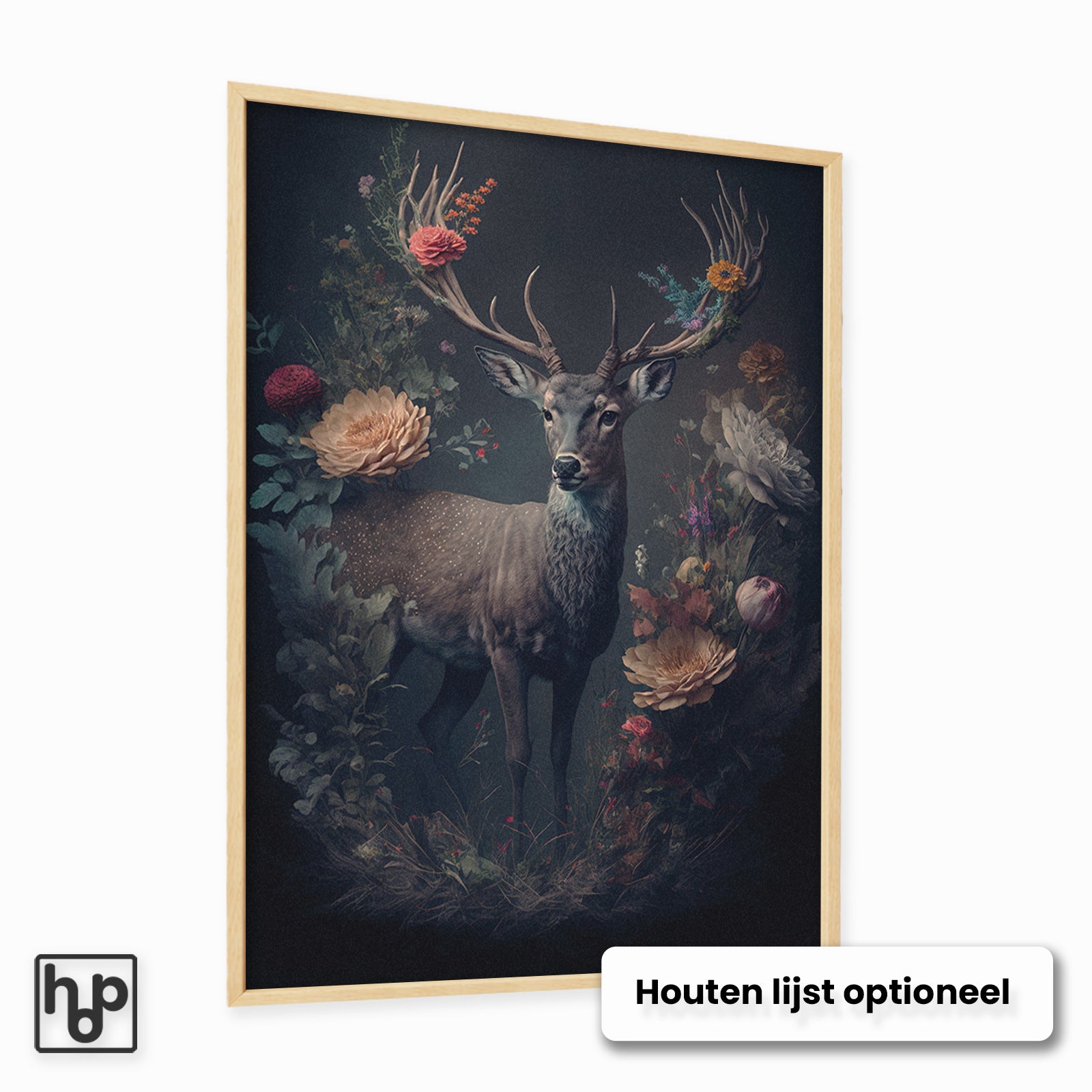 Vintage hert poster met botanische bloemen en houten lijst, staand formaat.