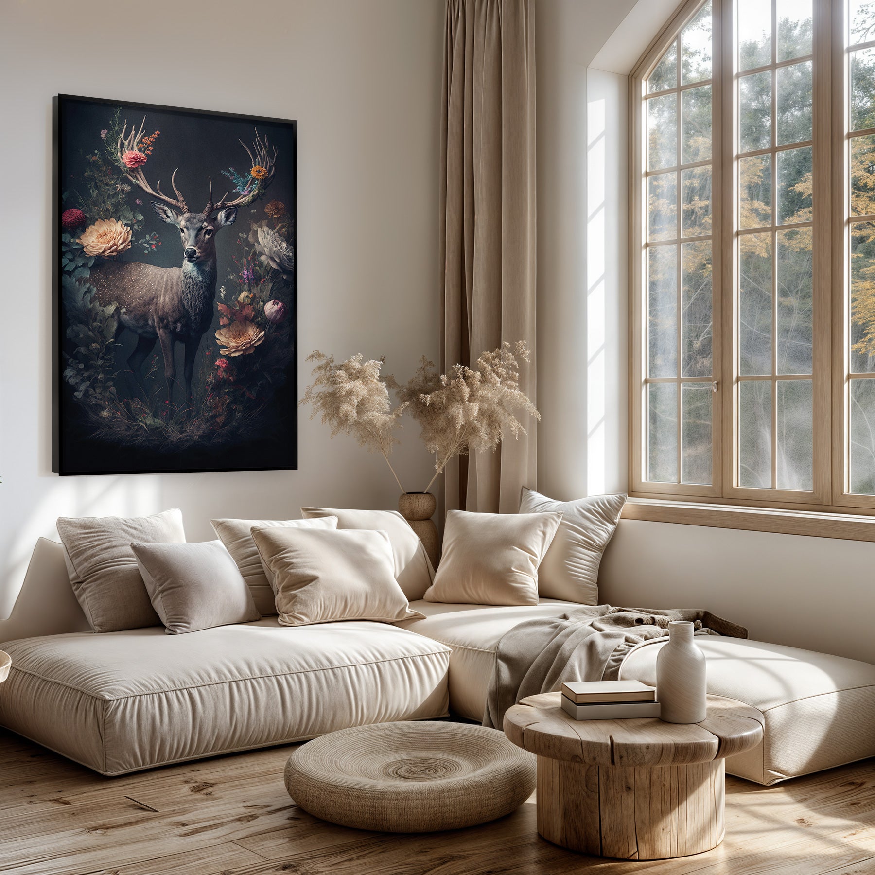 Artframe Hert boven een lichte bank in een woonkamer.