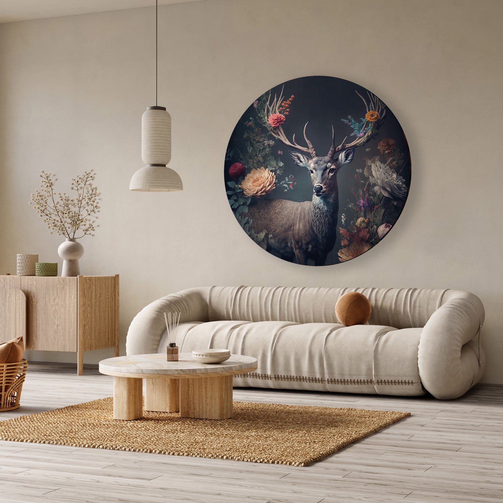 Ronde aluminium dibond muurcirkel met een hert omringd door kleurrijke bloemen in een moderne woonkamer.