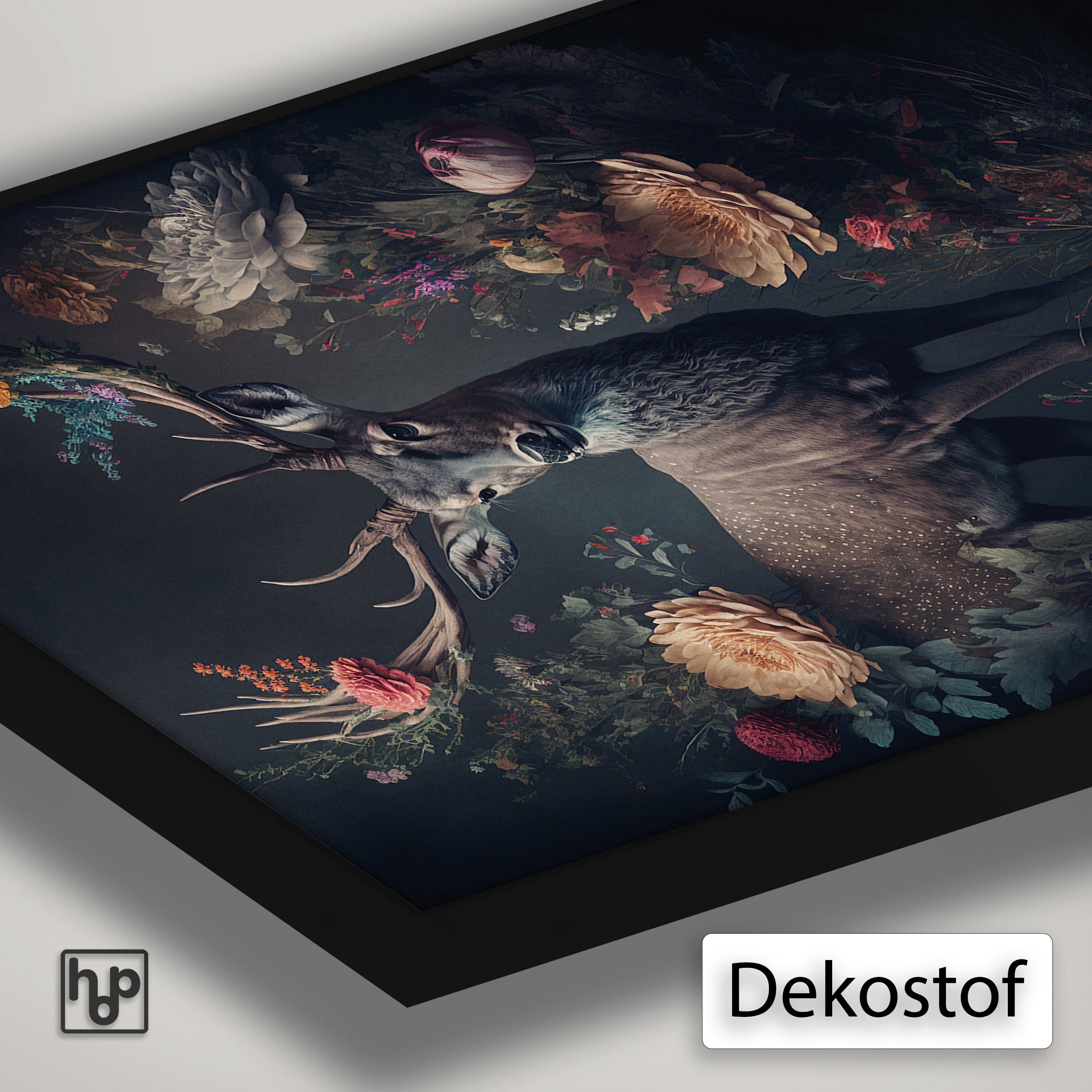 Detail van Artframe Hert met dekostof en een zwart aluminium frame.