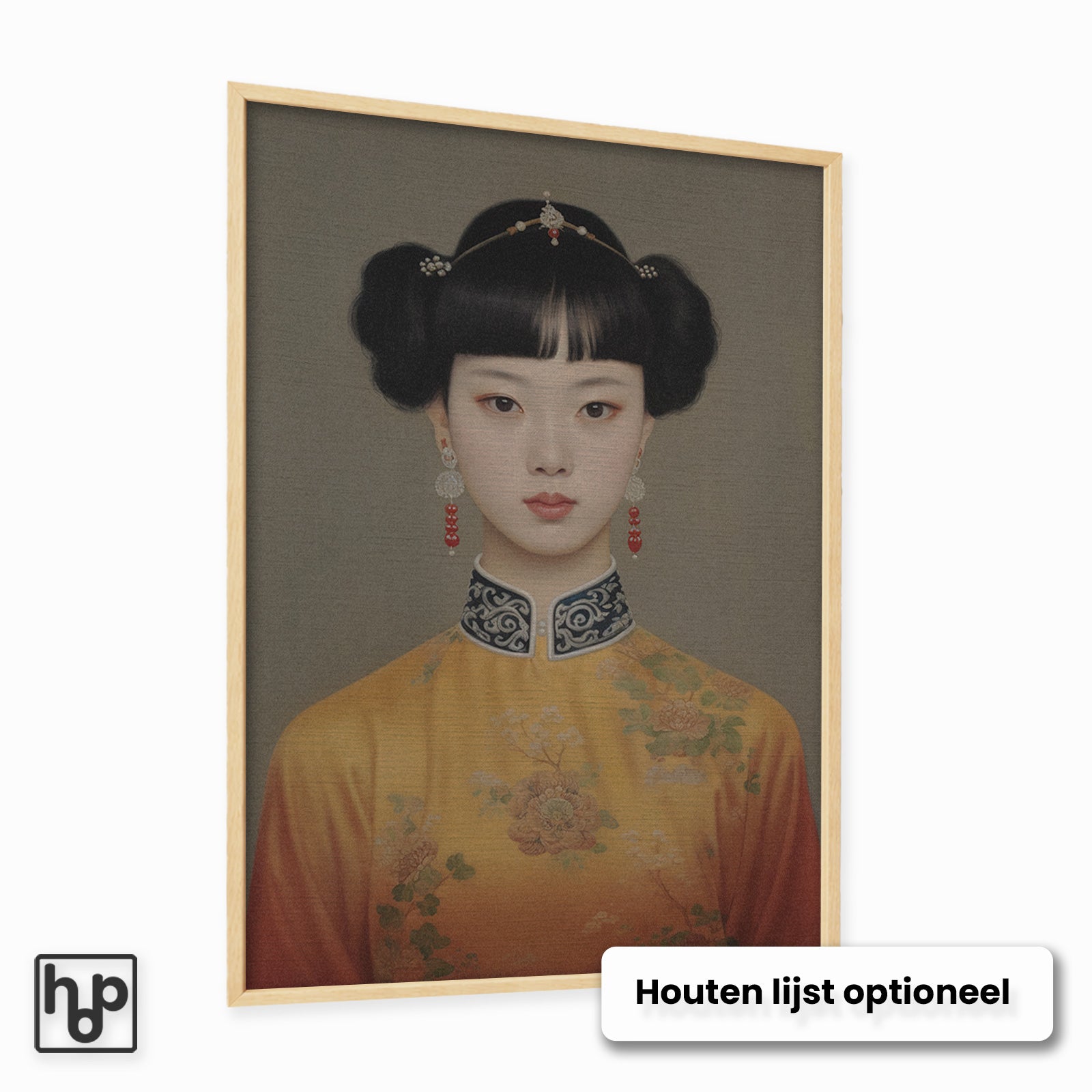 Keizerin poster met Aziatisch geïnspireerd portret in gele zijde en rode oorbellen, optioneel houten lijst.