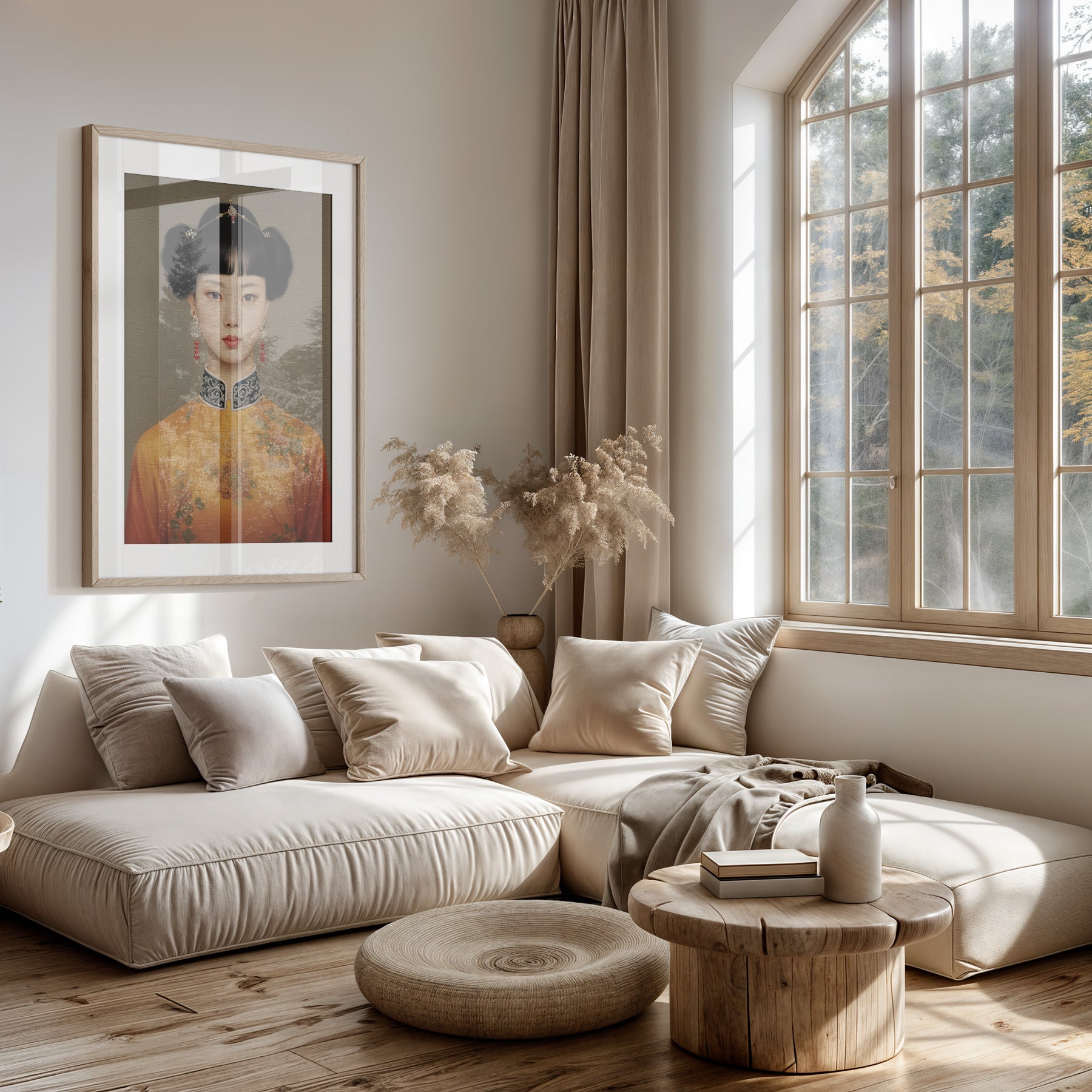 Papieren poster Keizerin boven een lichte bank in een woonkamer.