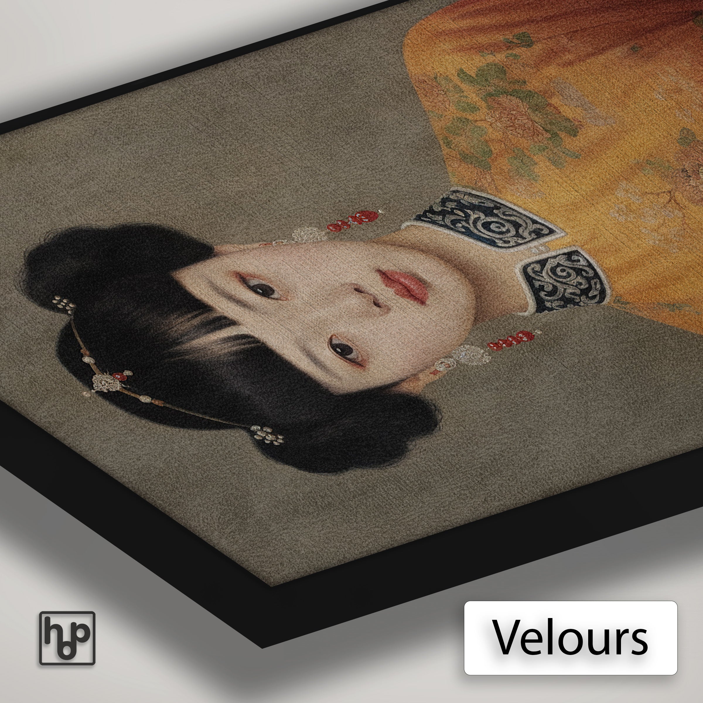 Detail van Artframe Keizerin met velours doek en een zwart aluminium frame.