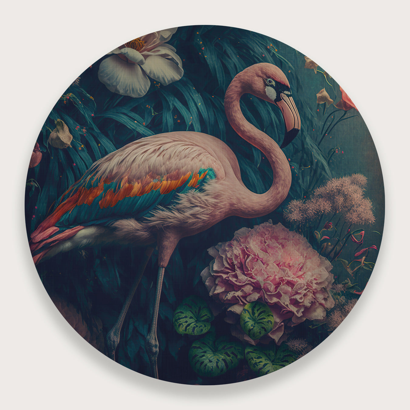 Aluminium muurcirkel Flamingo 1: roze flamingo tussen kleurrijke bloemen tegen een donkere achtergrond.