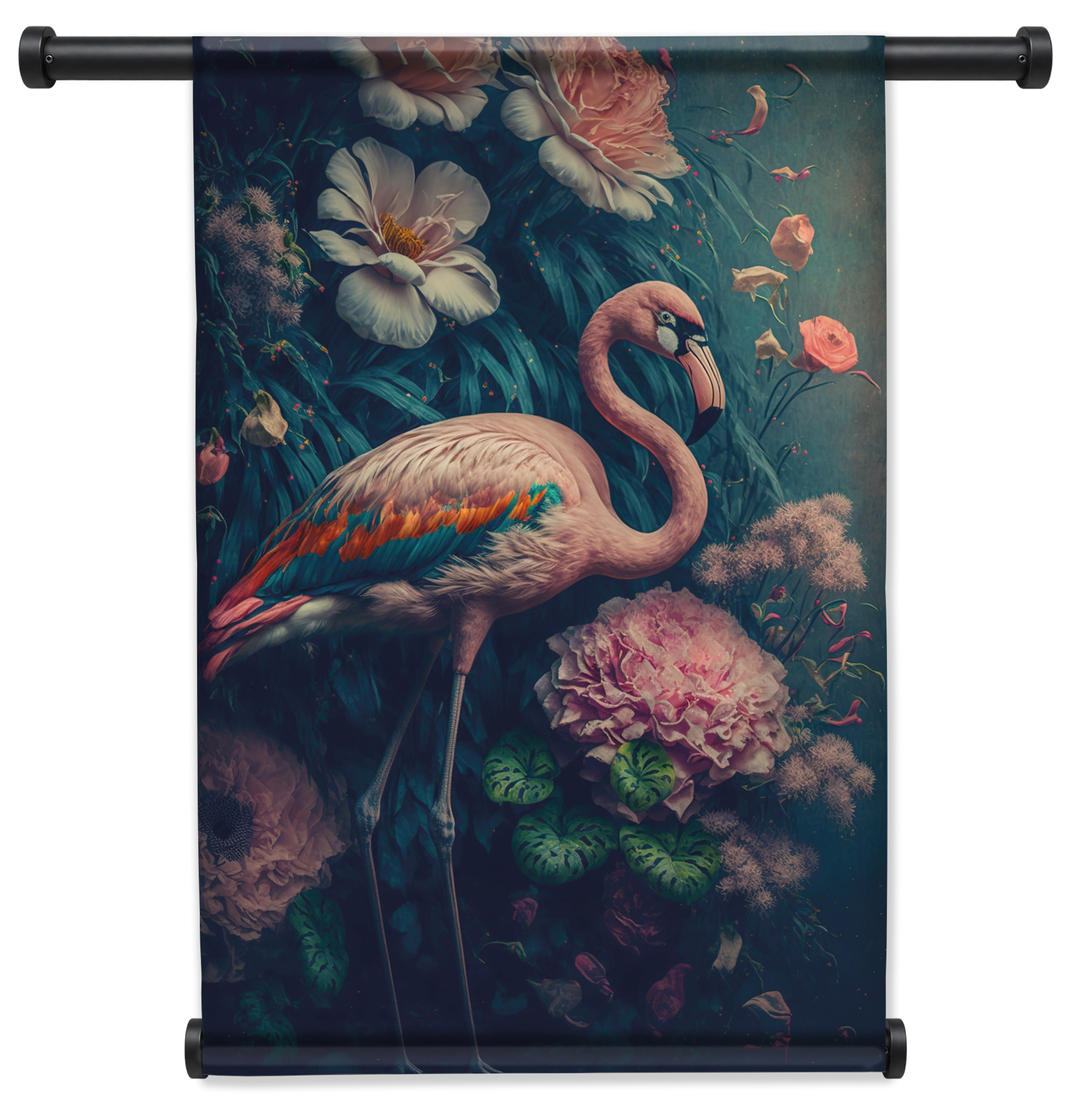 Wandkleed Flamingo 1: roze flamingo tussen kleurrijke bloemen tegen een donkere achtergrond.