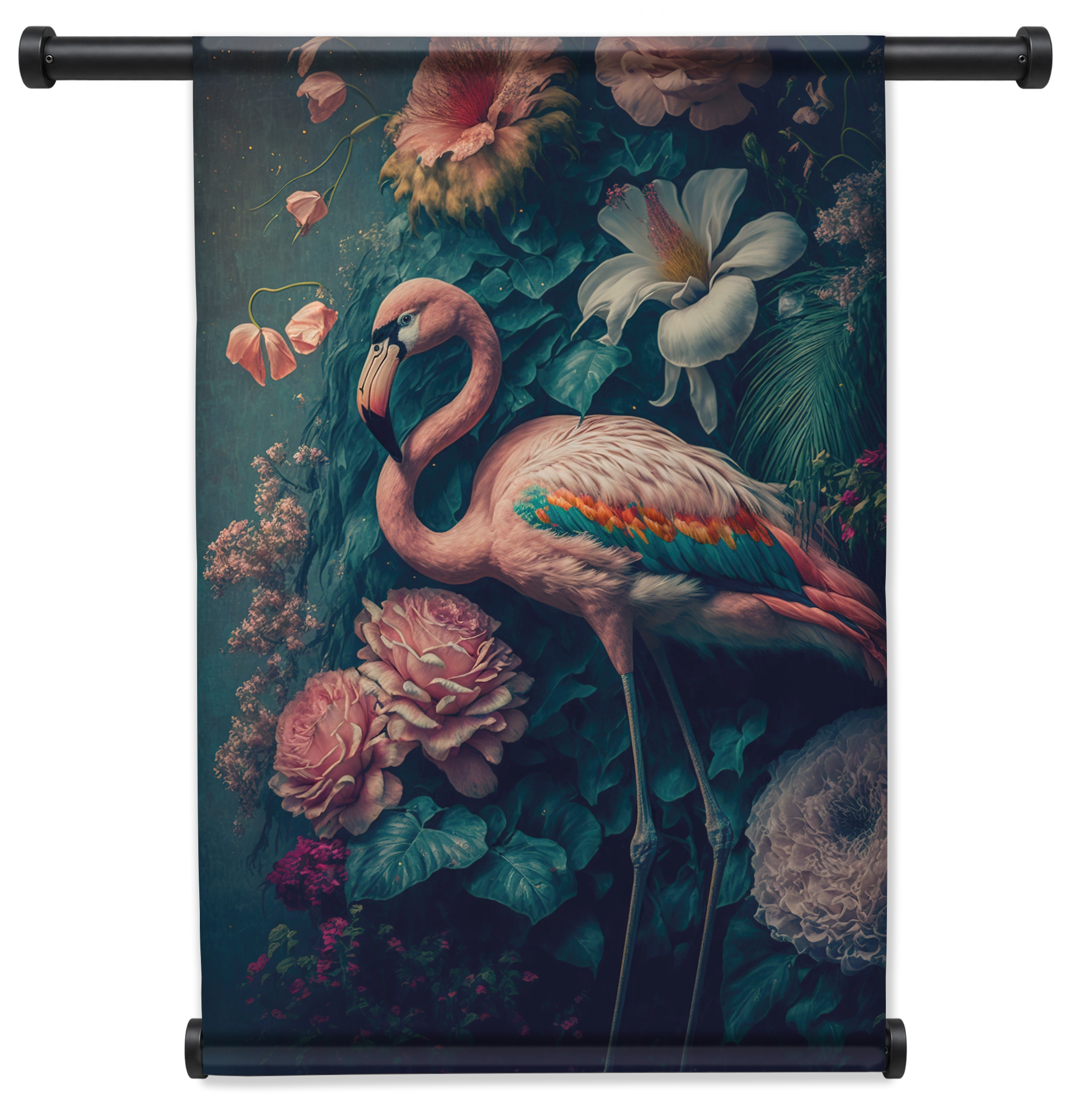 Wandkleed Flamingo 2: roze flamingo met gekromde hals tussen bloemen en vlinders.
