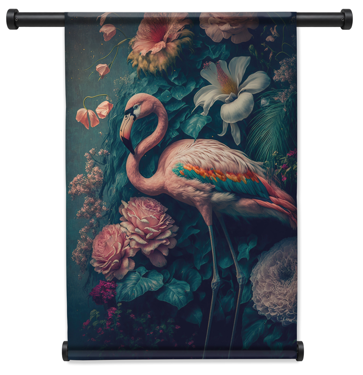 Flamingo 2 wandkleed staand met zwarte roedes