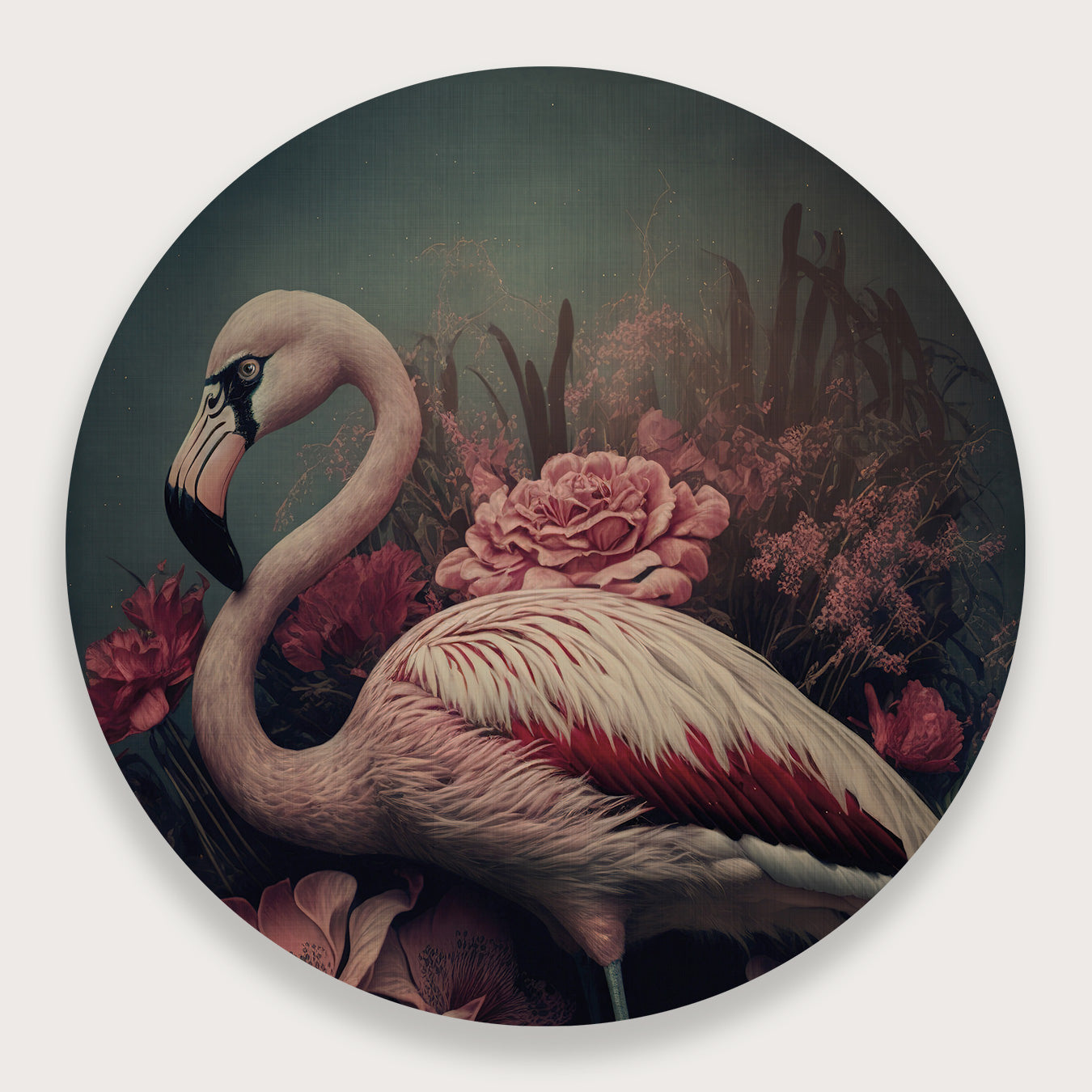 Aluminium muurcirkel Flamingo 3: roze flamingo tussen grote roze bloemen.